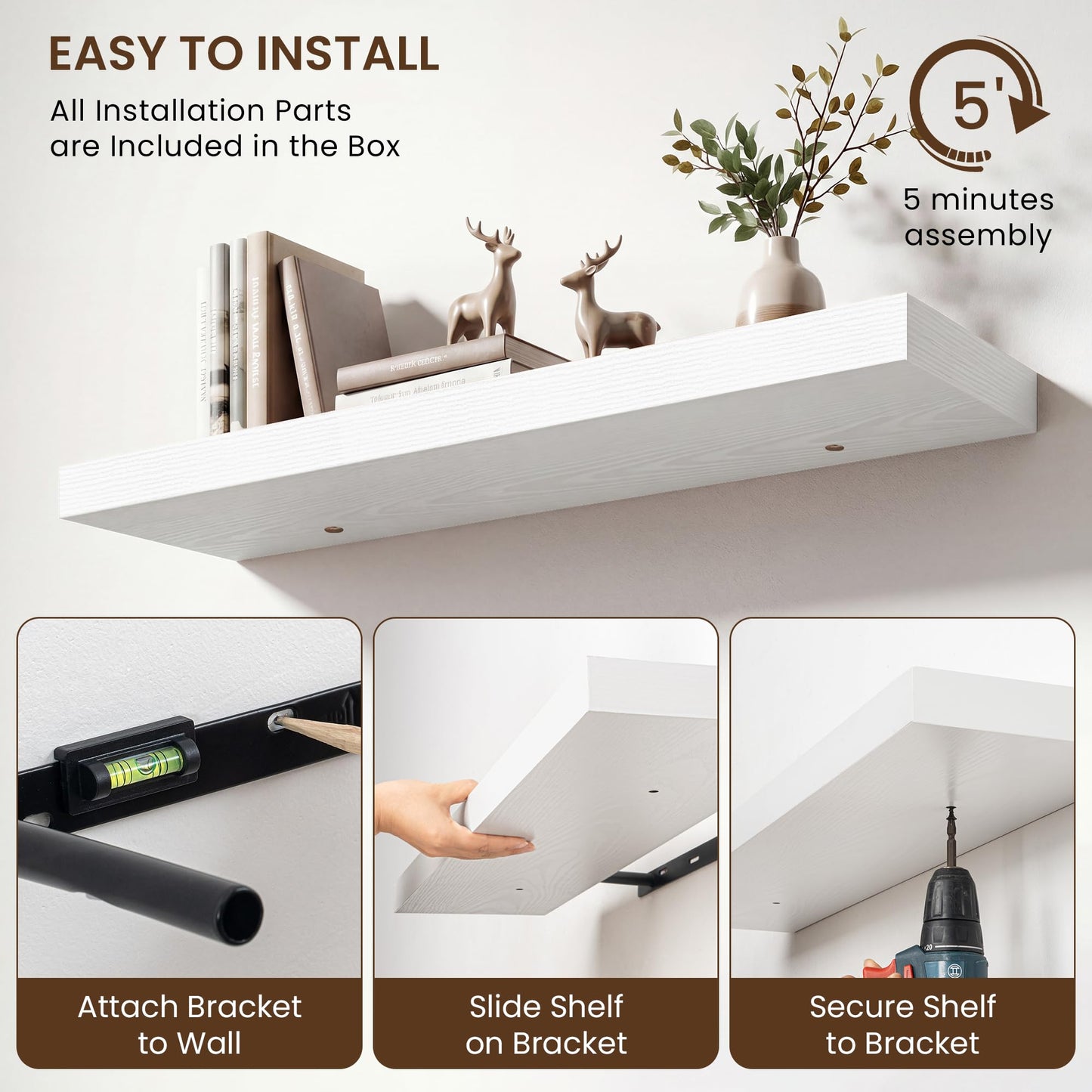 Dreamland Floating Shelves for Wall, 12in Deep Floating Shelves, White Rustic Wall Shelves for Living Room Bathroom Bedroom Kitchen, 12inch 2Pack