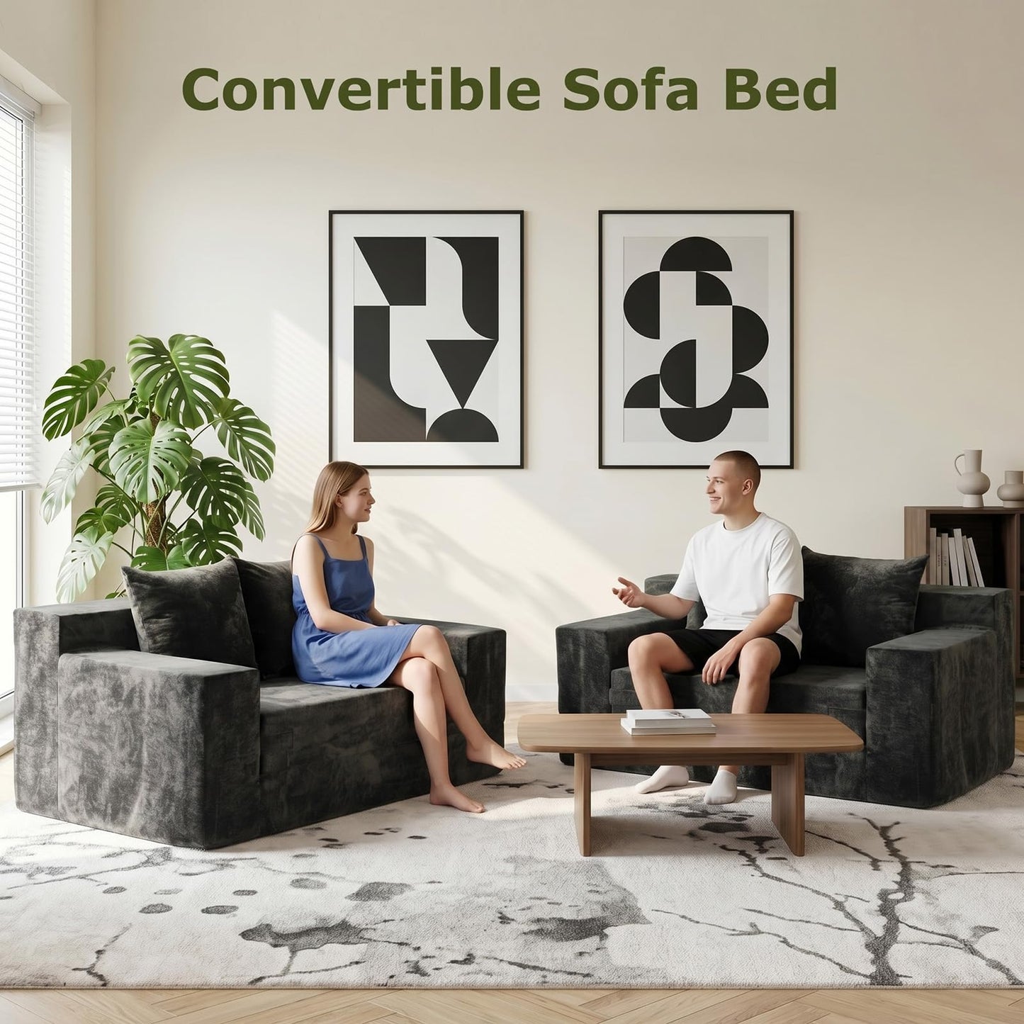 feliz home Boneless Loveseat Couches, Convertible Sofa Bed Folding Couch Bed, Boneless Chair Bed & Futon Sofa Bed, Small Pull Out Couch Foldable with 4 Pillows for Living Room, Dark Grey