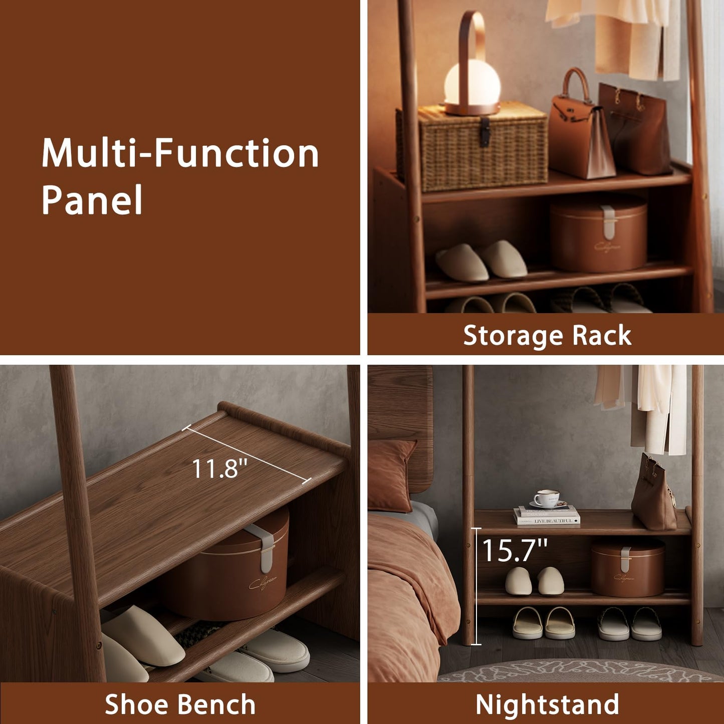 DONGMUWUJEE Solid Wood Clothing Rack with Shelves, Clothes Racks for Hanging Clothes, Hanging Rack with Shoe Storage, Heavy Duty Garment Rack for Bedroom, Entryway, Living Room, Walnut
