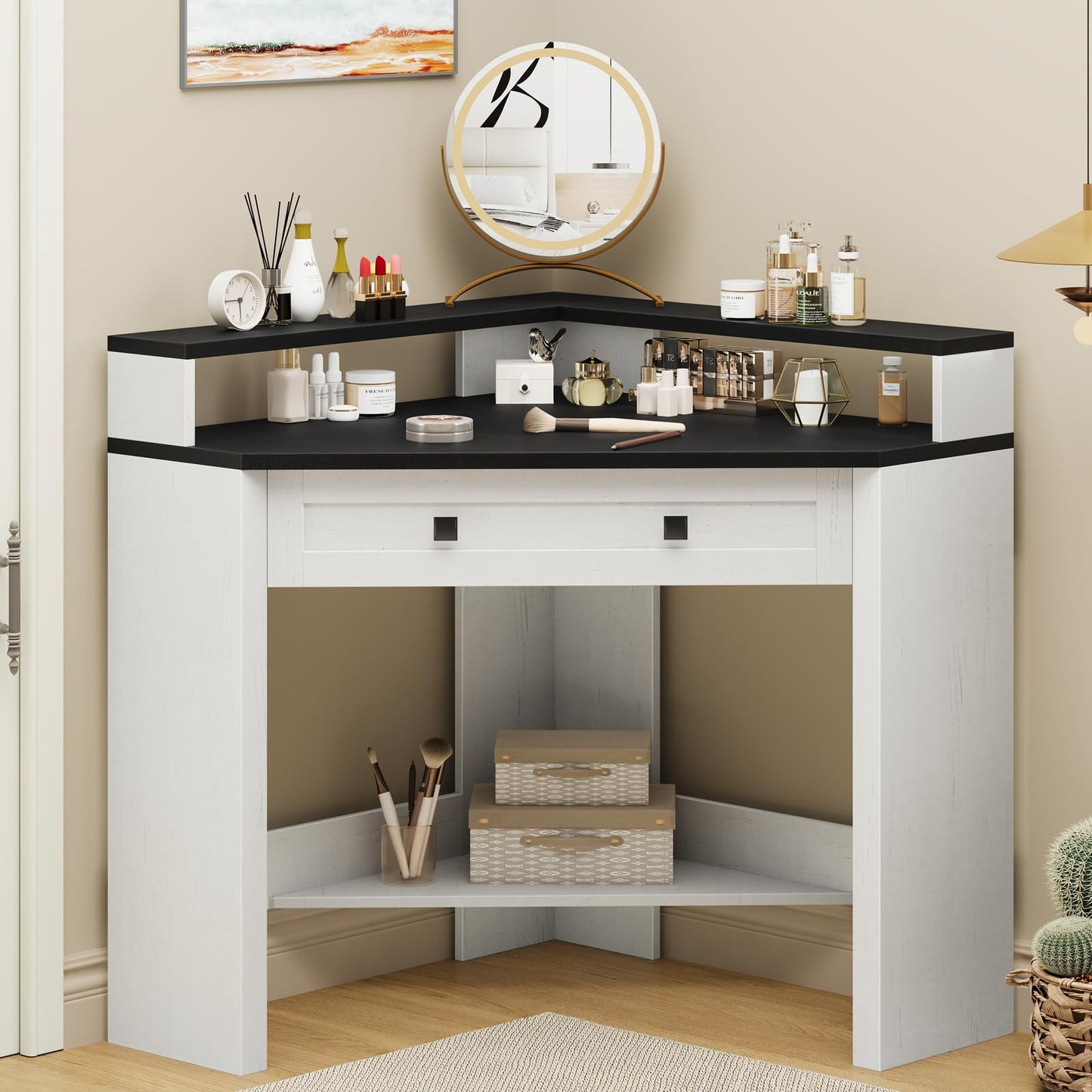 Small Corner Desk, Corner Desk for Small Space, Farmhouse Computer Desk with Drawer, Triangle Computer Desk with Storage Shelf and Monitor Stand for Home Office, Living Room (Rustic White/Black)