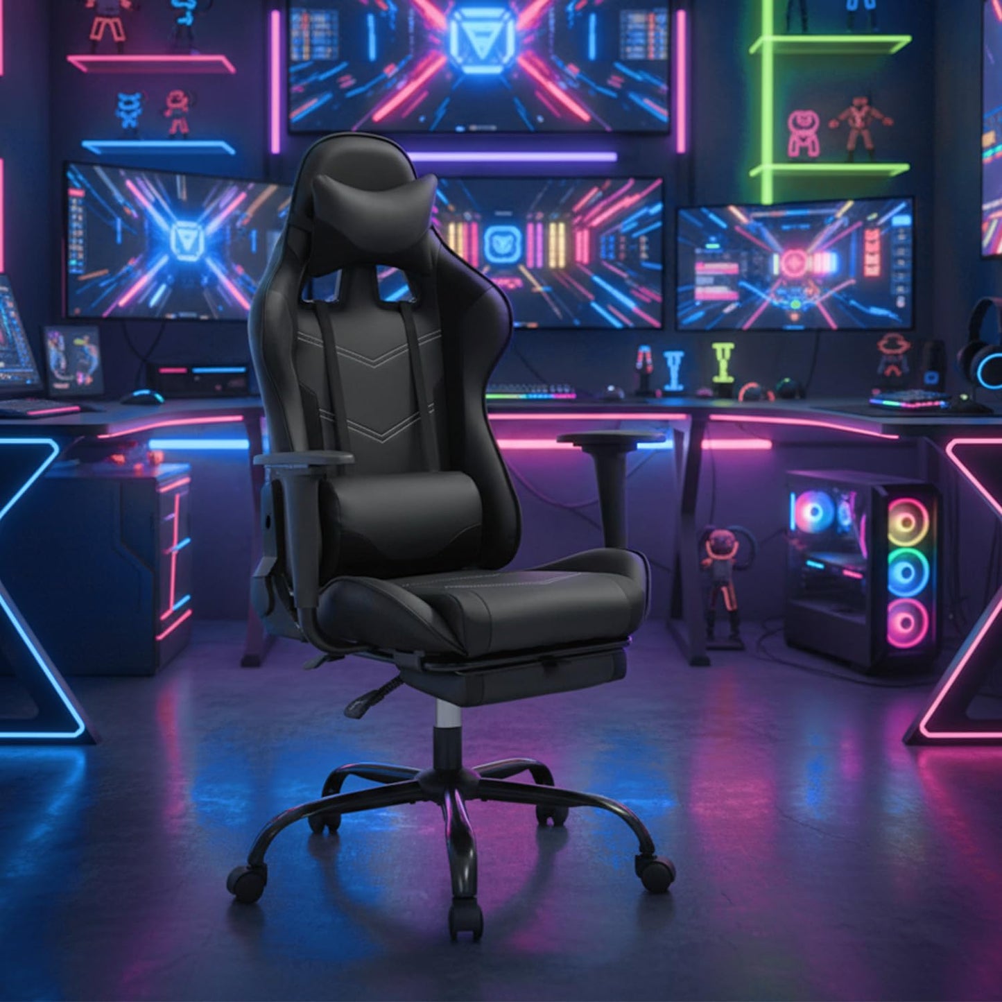 BestOffice | Ergonomic Gaming Chair | Dark Black | Reclining Computer Chair with Lumbar Support, Headrest Pillow, Adjustable Footrests | 360 Swivel with Heavy Duty Wheels | for Home & Office