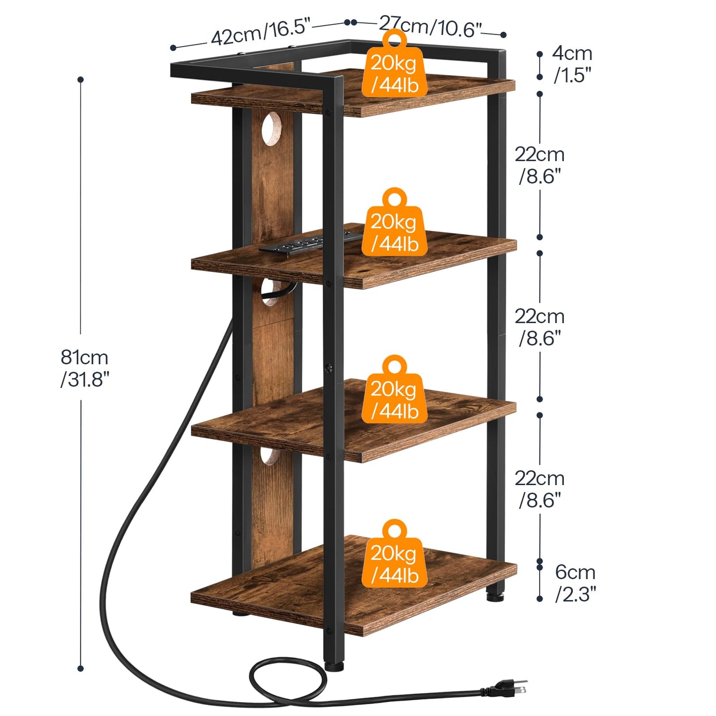 HOOBRO 4-Tier AV Media Stand, Media Console with Charging Station and LED Light, Wooden Stereo Cabinet, Corner TV Stand, Record Player, Entertainment Device Stand, Rustic Brown and Black BF38UDCJ01