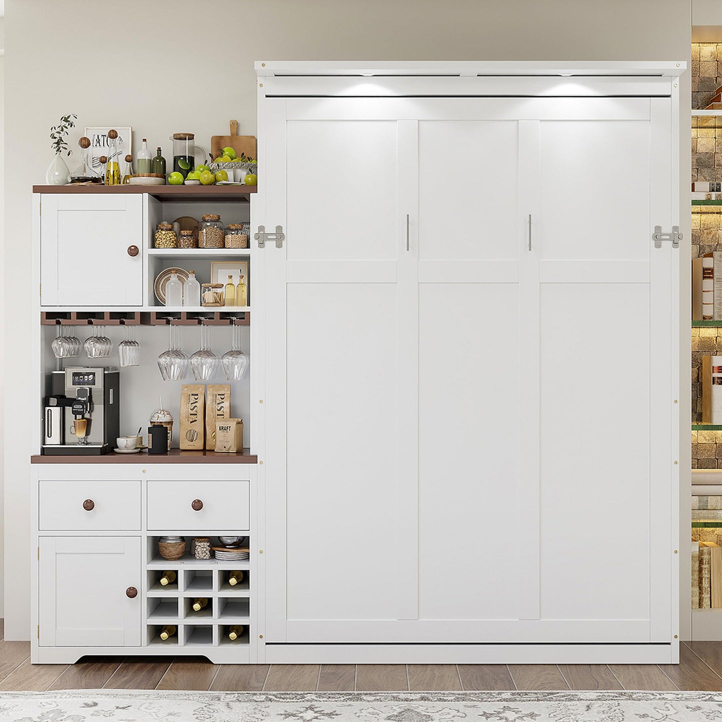 Filtome Queen Size Murphy Bed with Storage Cabinet, Wine Rack, Glass Holder, Drawers and Multi-Color Led Strip, White