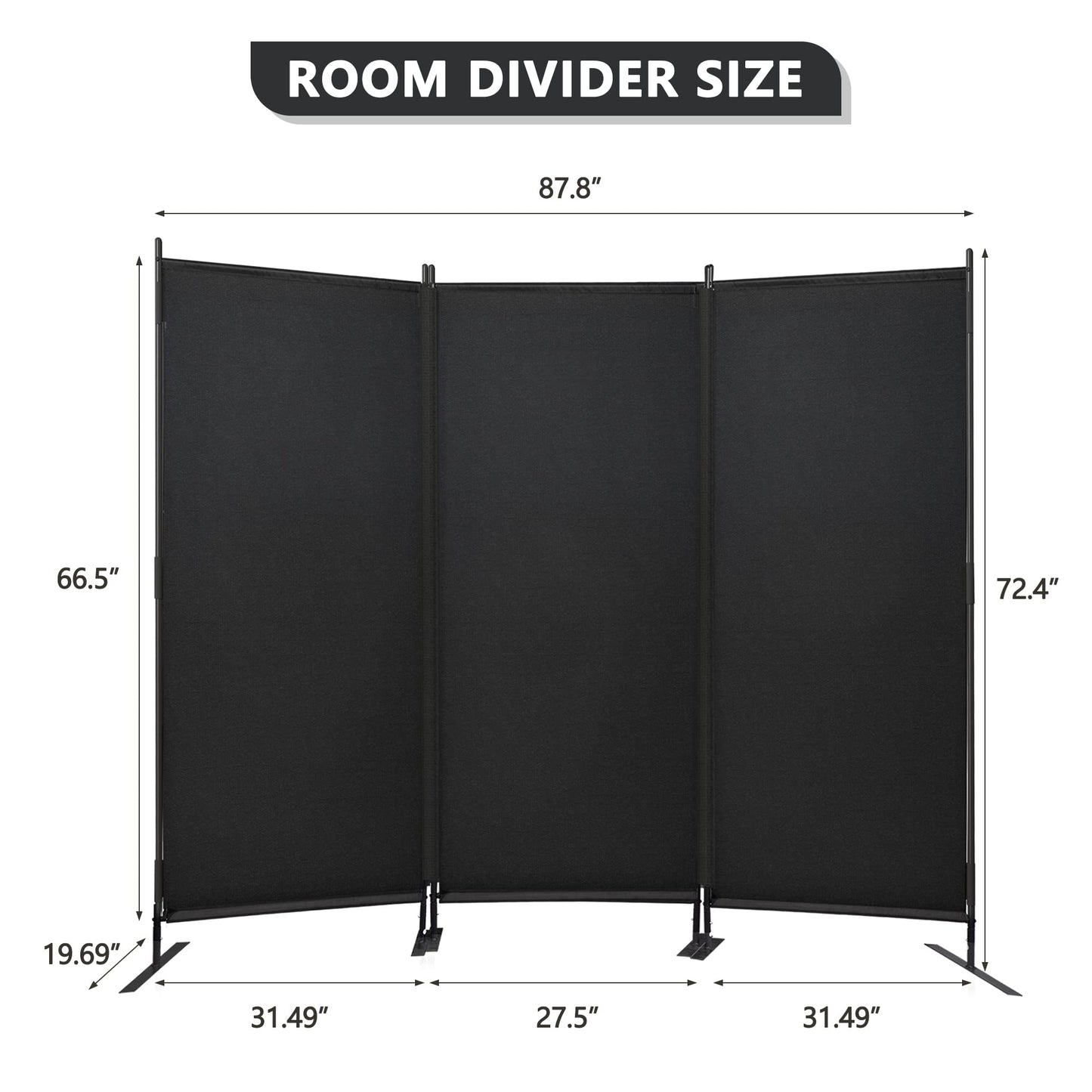 JAXPETY Room Divider Panel 6Ft Privacy Screen Wall Dividers for Room Separation Flexible Partition Folding Portable Room Partition for Office 88" W x 73" H, Black