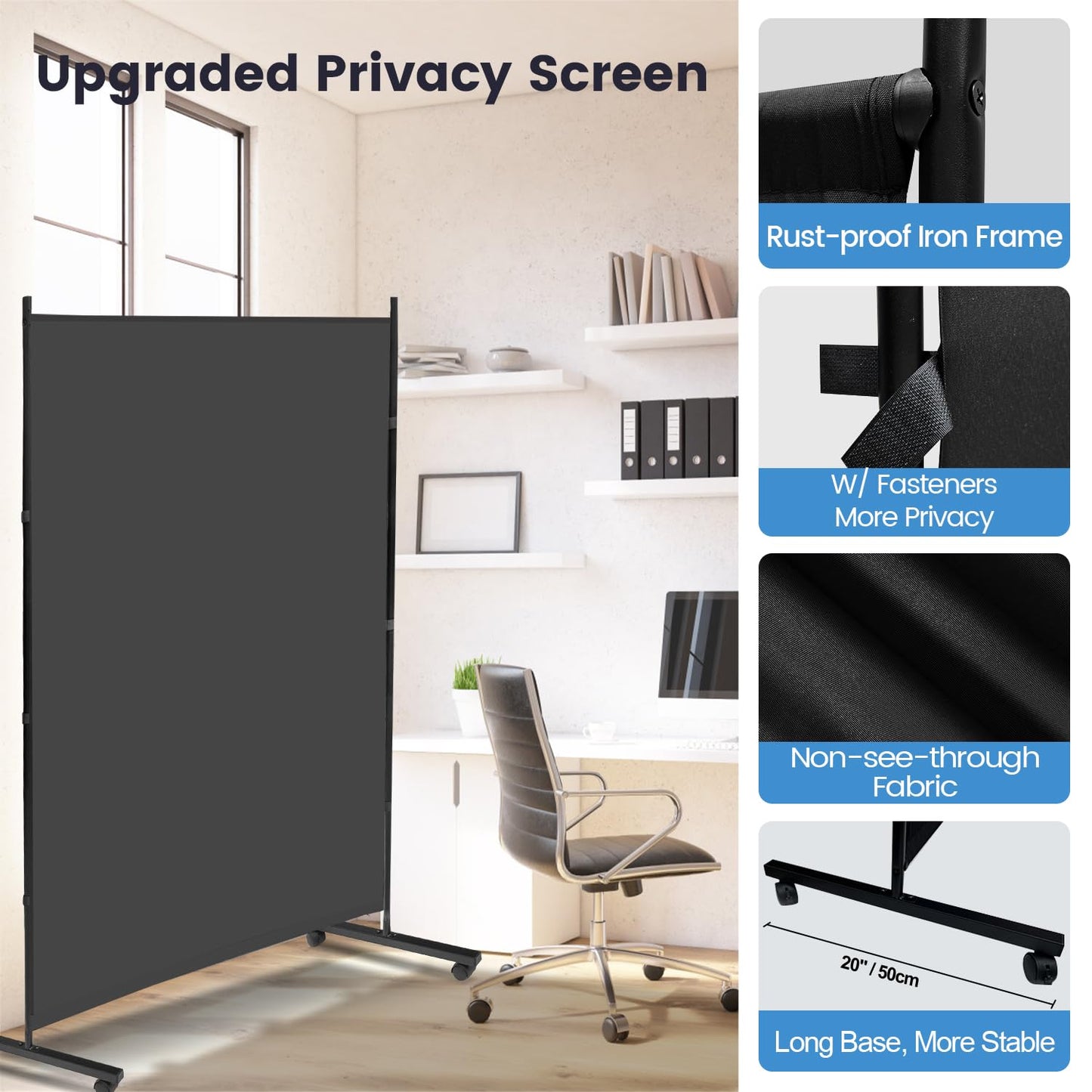 MAYOLIAH Large Single Panel Room Divider on Wheels, 71”W x 75”H Rolling Privacy Screen, Portable Wall Divider for Home Office Partition, Grey