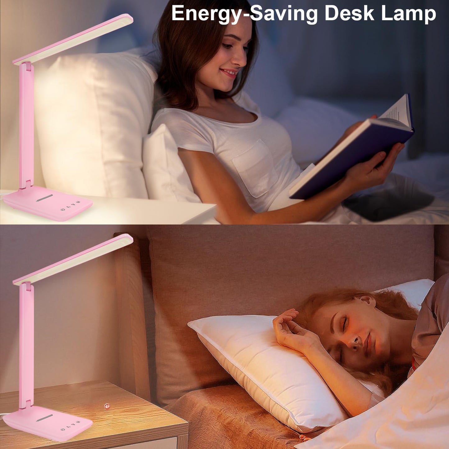 White crown LED Desk Lamp Dimmable Table Lamp Reading Lamp with USB Charging Port, 5 Lighting Modes, Sensitive Control, 30/60 Minutes Timer Pink (Pink, First-Generation)