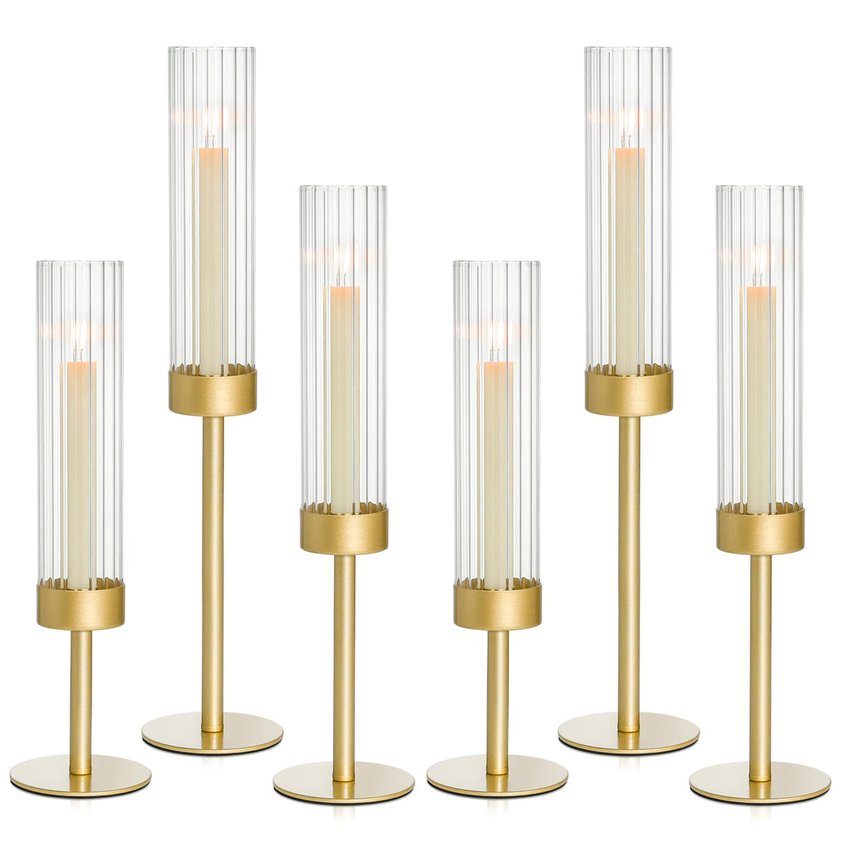 Turvono Gold Hurricane Candle Holders Set of 6, Brass Metal Candlestick Holders for Taper Candles, Modern Table Centerpiece Decor for Wedding, Party & Holiday Decorations