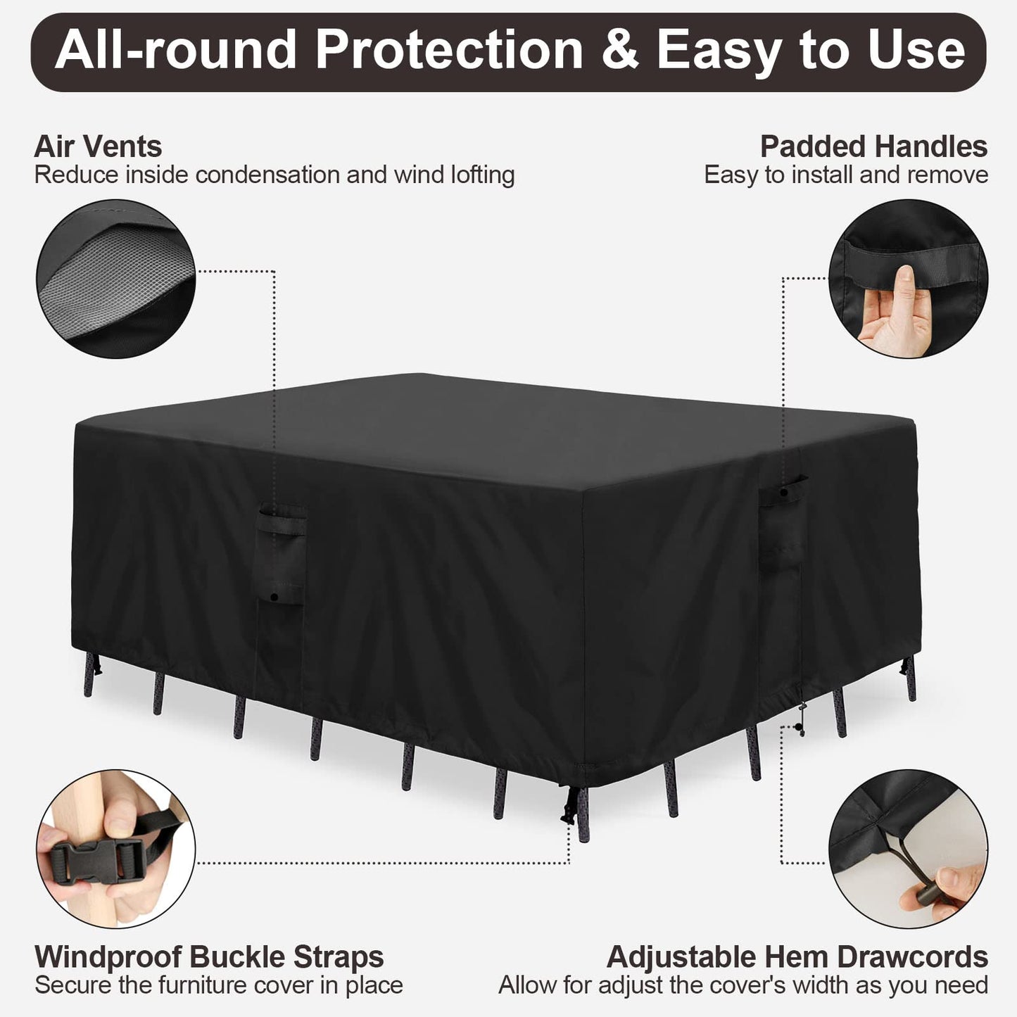 PureFit Patio Furniture Covers, Outdoor Table Furniture Cover Waterproof Rectangle, Patio Sectional Couch Set Cover for Deck, Lawn and Backyard, UV Resistant, 90"L x 64"W x 28"H, Black