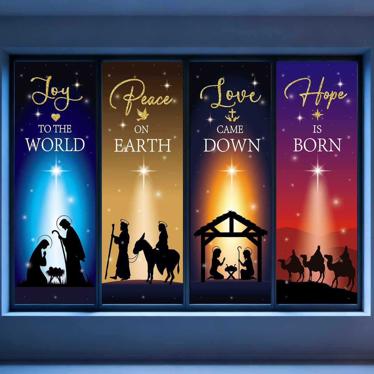4Pcs Christmas Nativity Large Window Clings Decorations Religious Jesus Christmas Window Decals Nativity Scene Love Hope Joy Peace Double-Side Stickers for Xmas Holiday Party Home Church School Decor