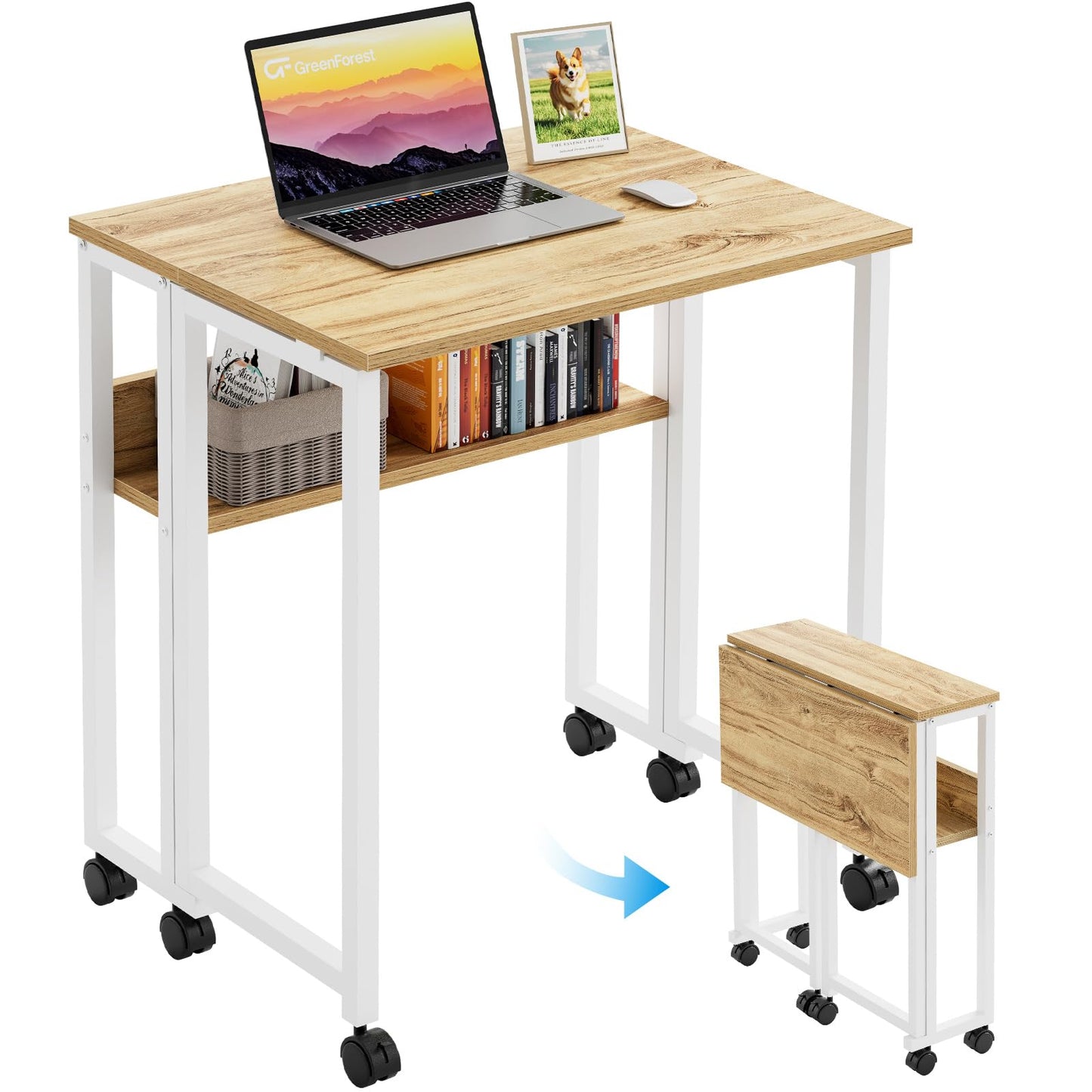 GreenForest Folding Desk with Wheels, 24.8 Inch Compact Rolling Computer Table with Storage Shelf, Portable Mobile Workstation for Small Spaces, Easy Assembly, Oak