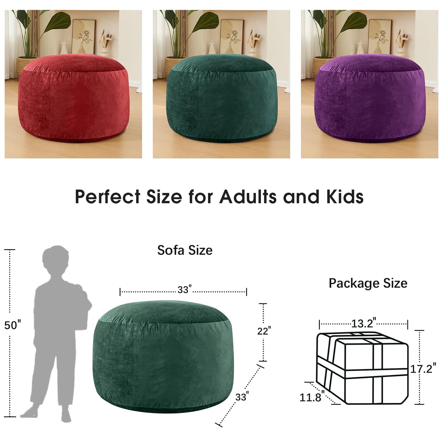 ILPEOD Bean Bag Chairs for Adults - Memory Foam Furniture BeanBag Chair - Kids/Teens Sofa with Soft Micro Fiber Cover - Round Fluffy Couch for Living Room Bedroom College Dorm