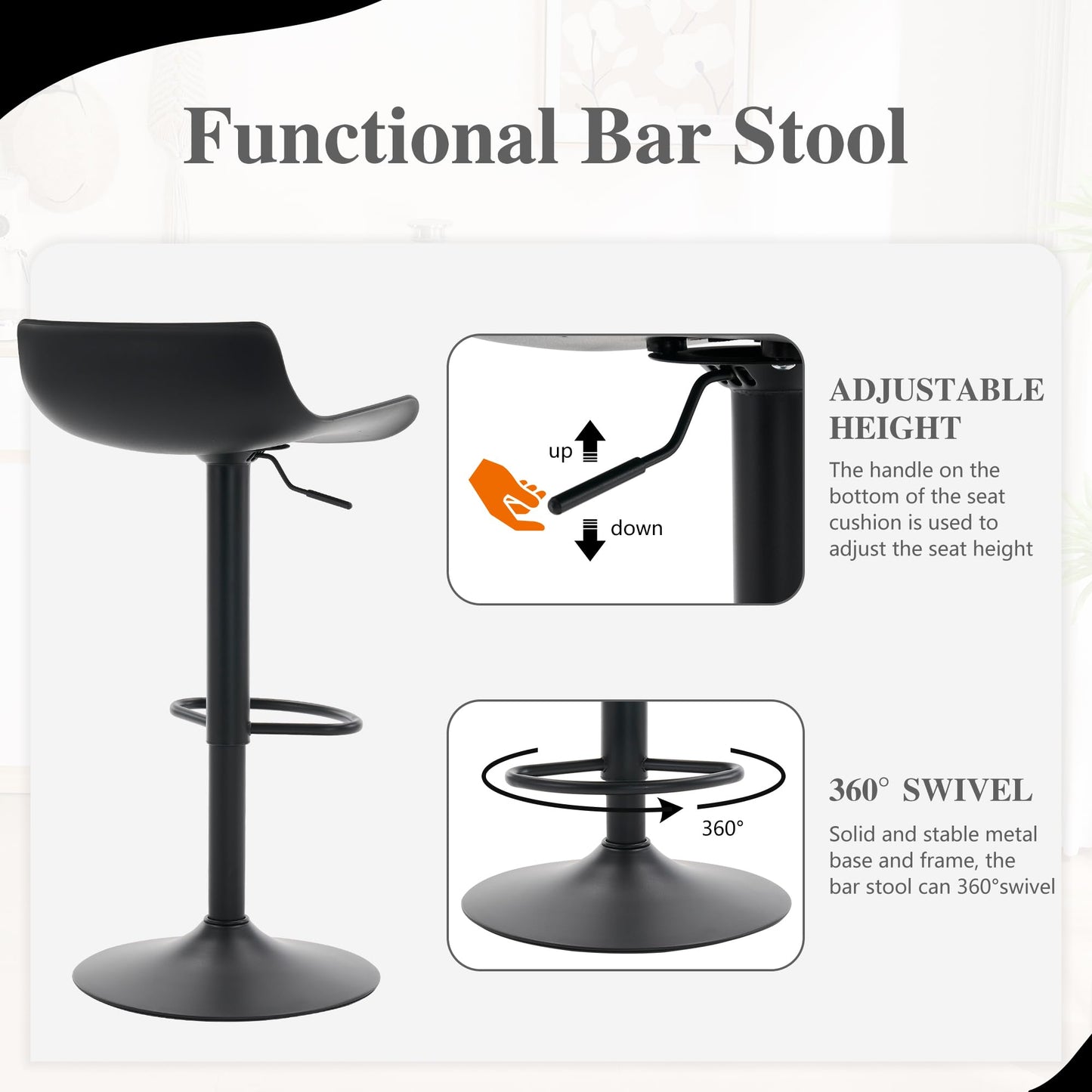 YOUNIKE Black Adjustable Height Bar Stools Set of 2 Plastic Swivel Barstool with Low Back Modern Kitchen Counter Island Bar Chairs for Breakfast Nook Cafe Bars Office