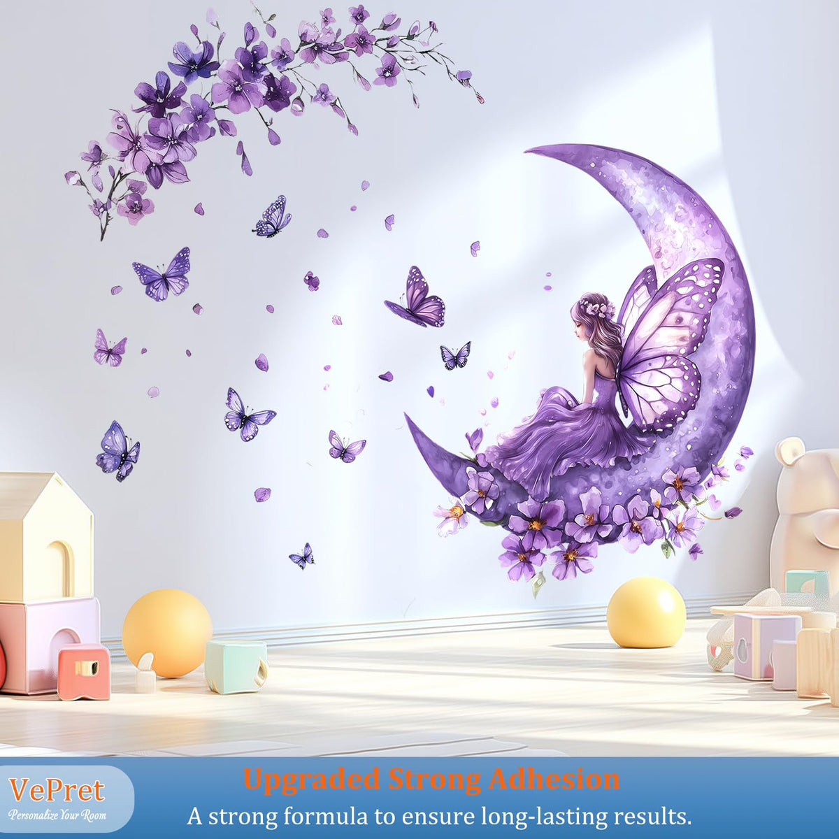 VePret Purple Fairy Wall Decals Peel and Stick, Butterflies Moon Flowers Wall Stickers, Removable Vinyl Home Decor Art for Girls Bedroom Baby Nursery Daycare