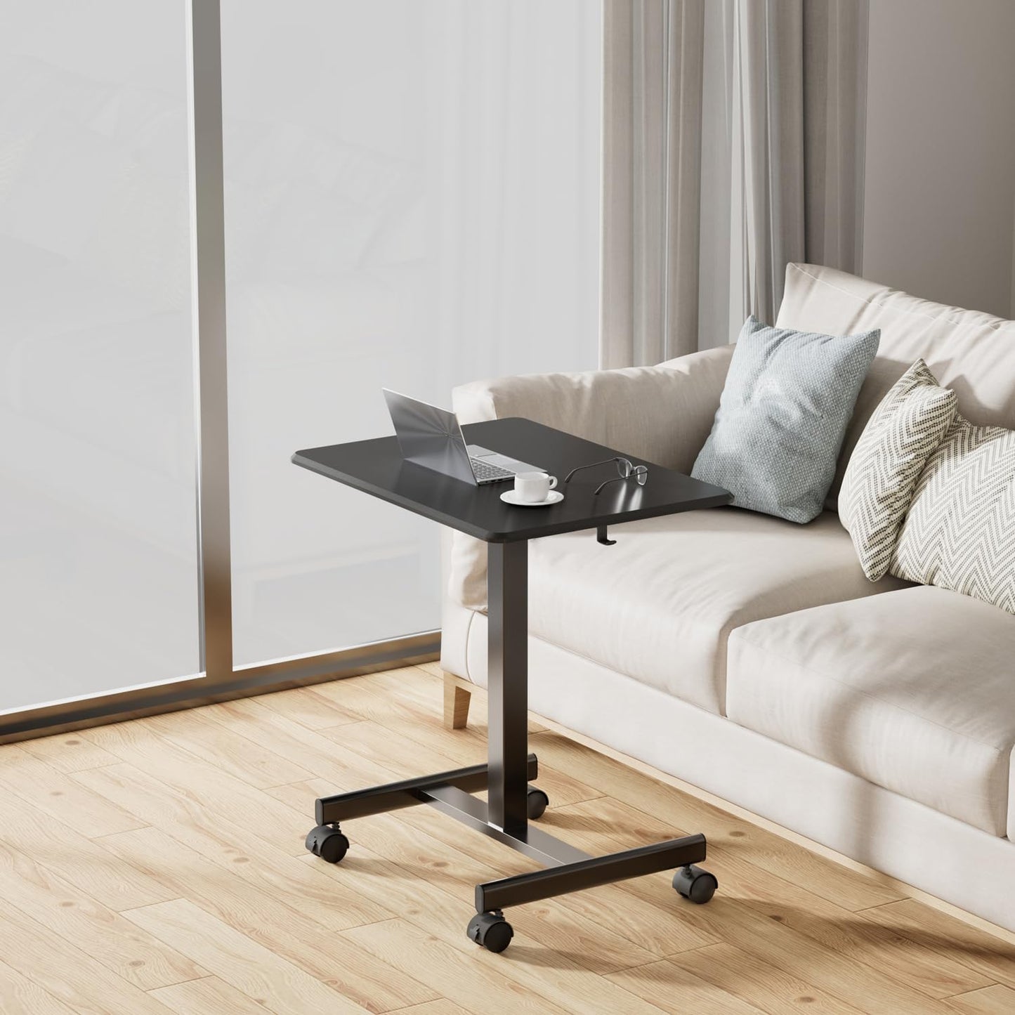 JUNHEDAMAI Mobile Standing Desk Adjustable Height, Portable Rolling Laptop Desk with Lockable Wheels and Hook, Sit Stand Up Desk, Standing Rolling Cart Desk with Gas Spring for Home, Office, Hospital