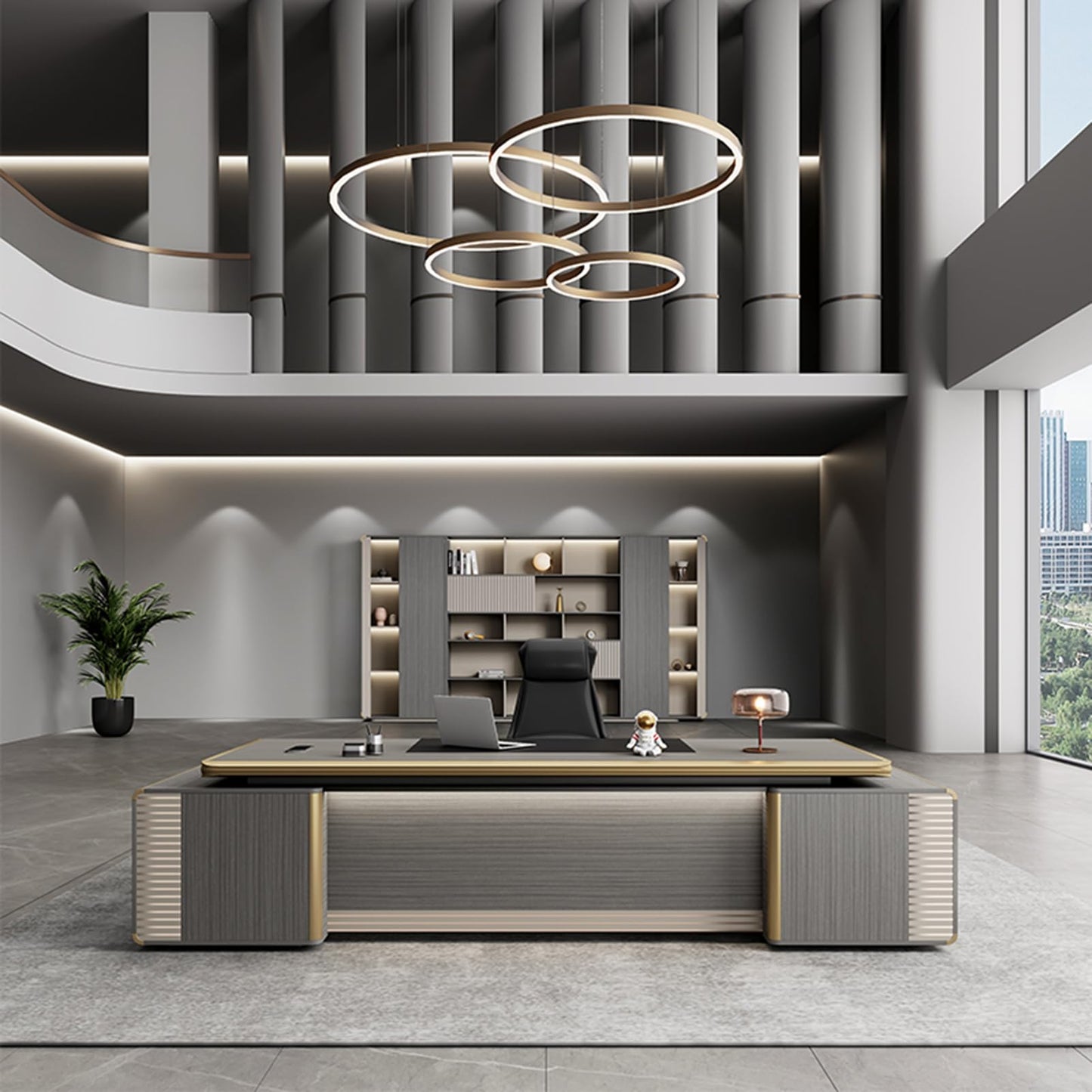 LSIGHTUS Modern Executive Office Desk with Lateral Cabinet, Luxury Wood Reception Desk with Metal Frame, Writing Study Table Business Furniture Set Workstation for CEO Boss Manager