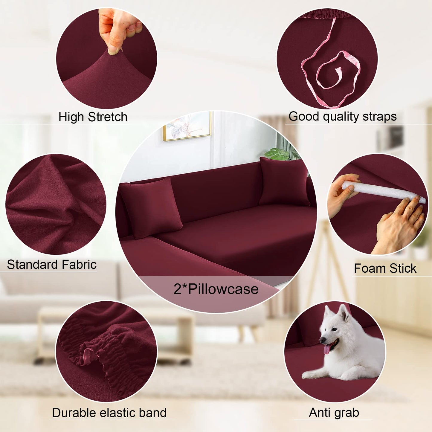 NAISI Couch Cover L Shape 2 Pieces Sofa Cover Soft Stretch Slipcovers with 2pcs Pillowcases Furniture Protector Sectional Couch Covers 3 Seater + 3 Seater(Burgundy)