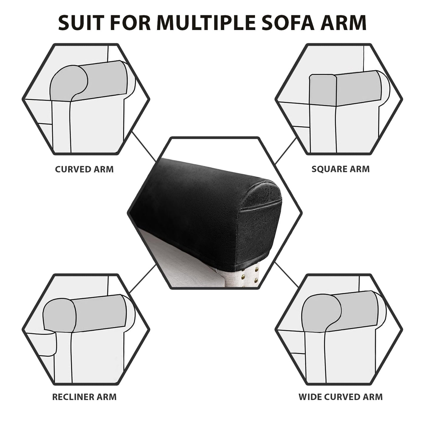 ANARACHON Leather Look Couch Arm Covers Set of 2 Armrest Covers for Sofa Chair Arm Protectors Stretch Armchair Slipcovers with Pockets Washable Spandex Fabric (Medium, Black)