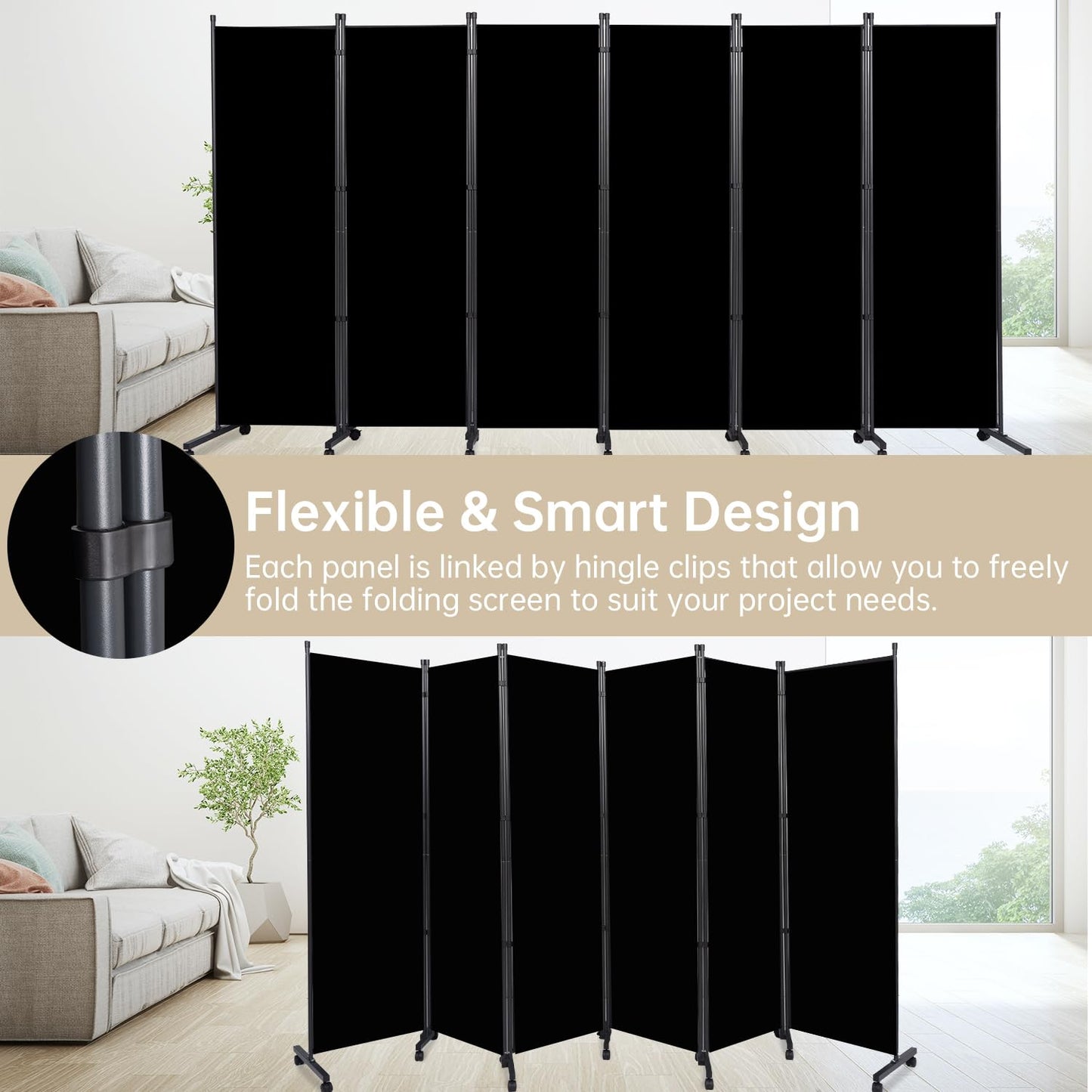 Room Divider 6 Panel Room Dividers/Wheels, Fabric Room Divider Panel for Office Room Partitions and Dividers, Portable Partition Wall Divider for Room Separation, Freestanding Privacy Screen Indoor