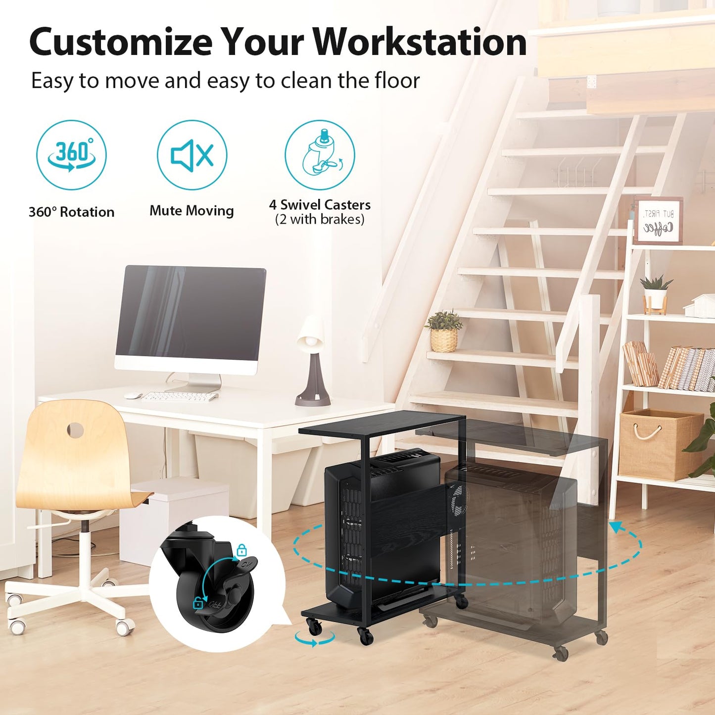360Tronics Computer Tower Stand, C-Shape Large PC Stand Gaming Computer ATX-Case Storage, 2-Tier Mobile CPU Holder Cart Laptop Standing Table with Rolling Wheels for Home, Office, Black