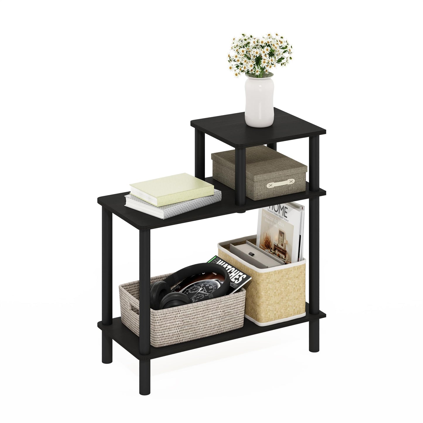 Furinno Turn-N-Tube Side Table, 3-Tier Rectangle Sofa End Table with Open Shelf, Toolless Assembly Night Stand, Bedside Table, for Living Room, Bedroom, Black Espresso