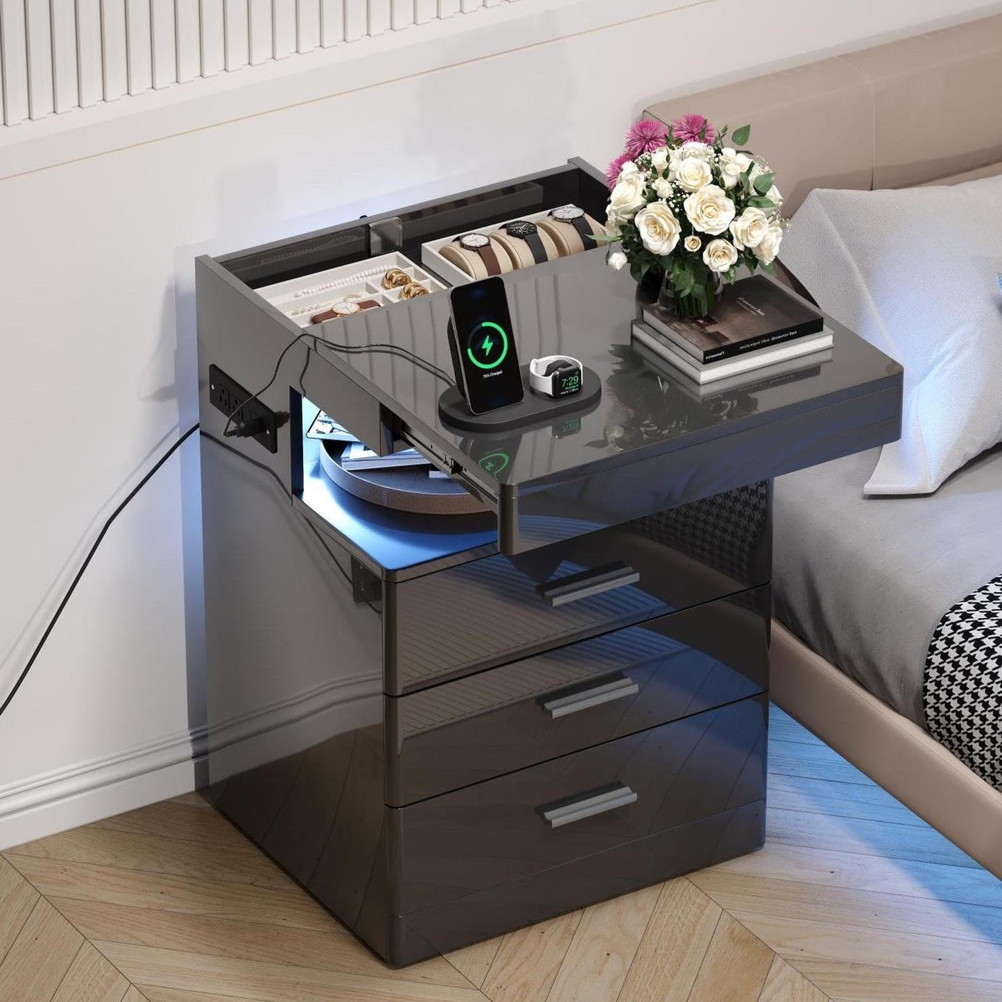 Treocho Led Nightstand with Hidden Space, Modern Night Stand with Charging Station, 3 Drawer Smart Nightstand with Glossy Finish, Tall Bedside Table with RGB Lights for Bedroom, Black