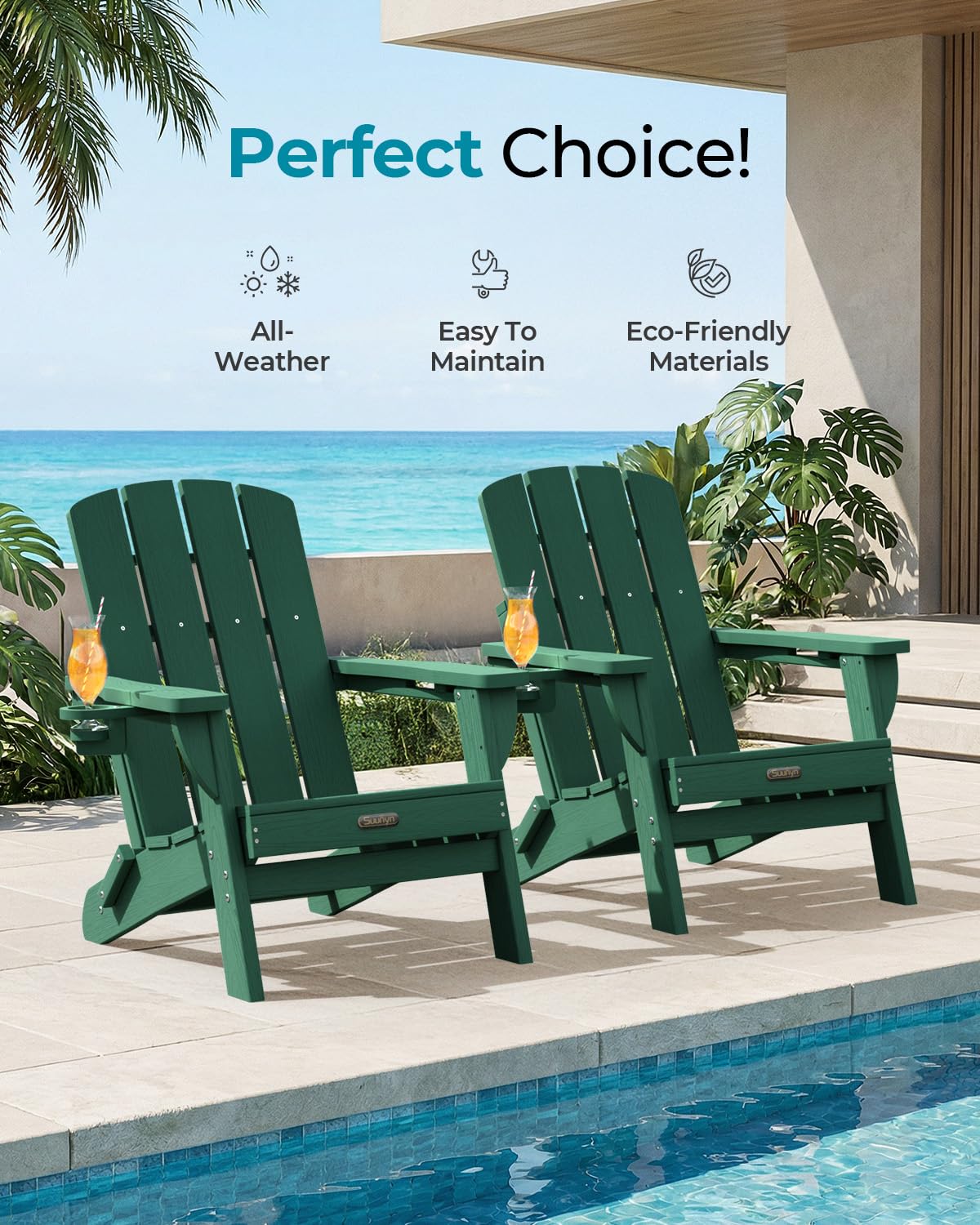 SUUNYN Folding Adirondack Chair, HDPE Adirondack Chairs with 2 Cup Holder, Plastic All-Weather Fire Pit Chairs, Outdoor Lawn Chair for Patio Garden (Green)