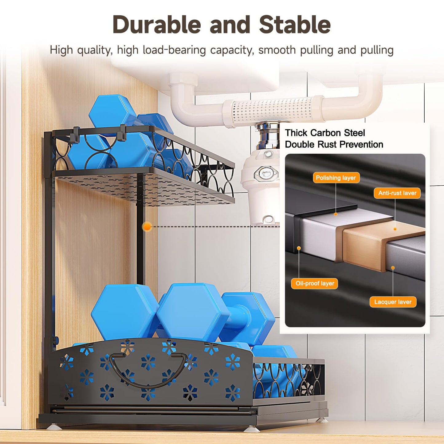 Sevenblue 2 Packs Under Sink Organizer, Height Adjustable 2 Tier Under Kitchen Sink Organizer, Multi-Purpose Storage Shelf for Kitchen Bathroom Cabinet (Metal, Extra Large)