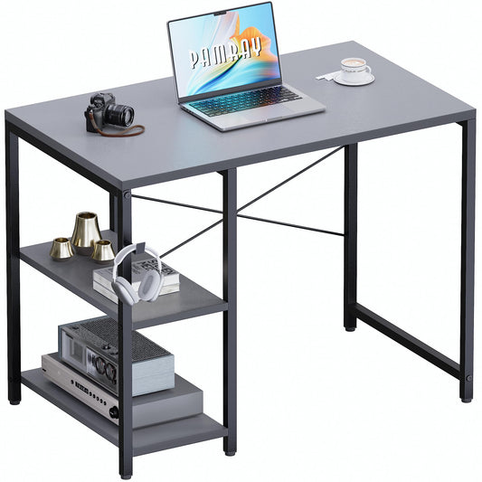 Pamray 32 Inch Small Computer Desk with Shelves, Home Office Desk with Headphone Hook for Bedroom, Study Writing PC Table for Small Spaces, Grey