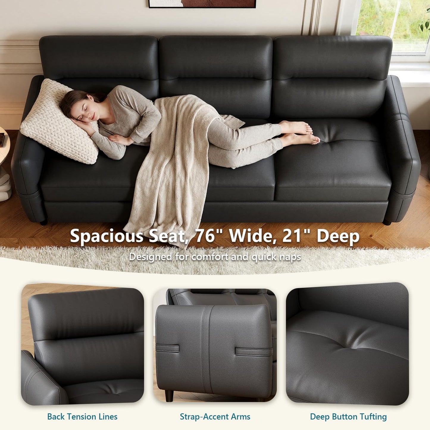 STHOUYN 85” Black Faux Leather Couch with USB, 3 Seater Sofa Couches for Living Room, Large Mid Century Modern Office Apartment Couch (Black)