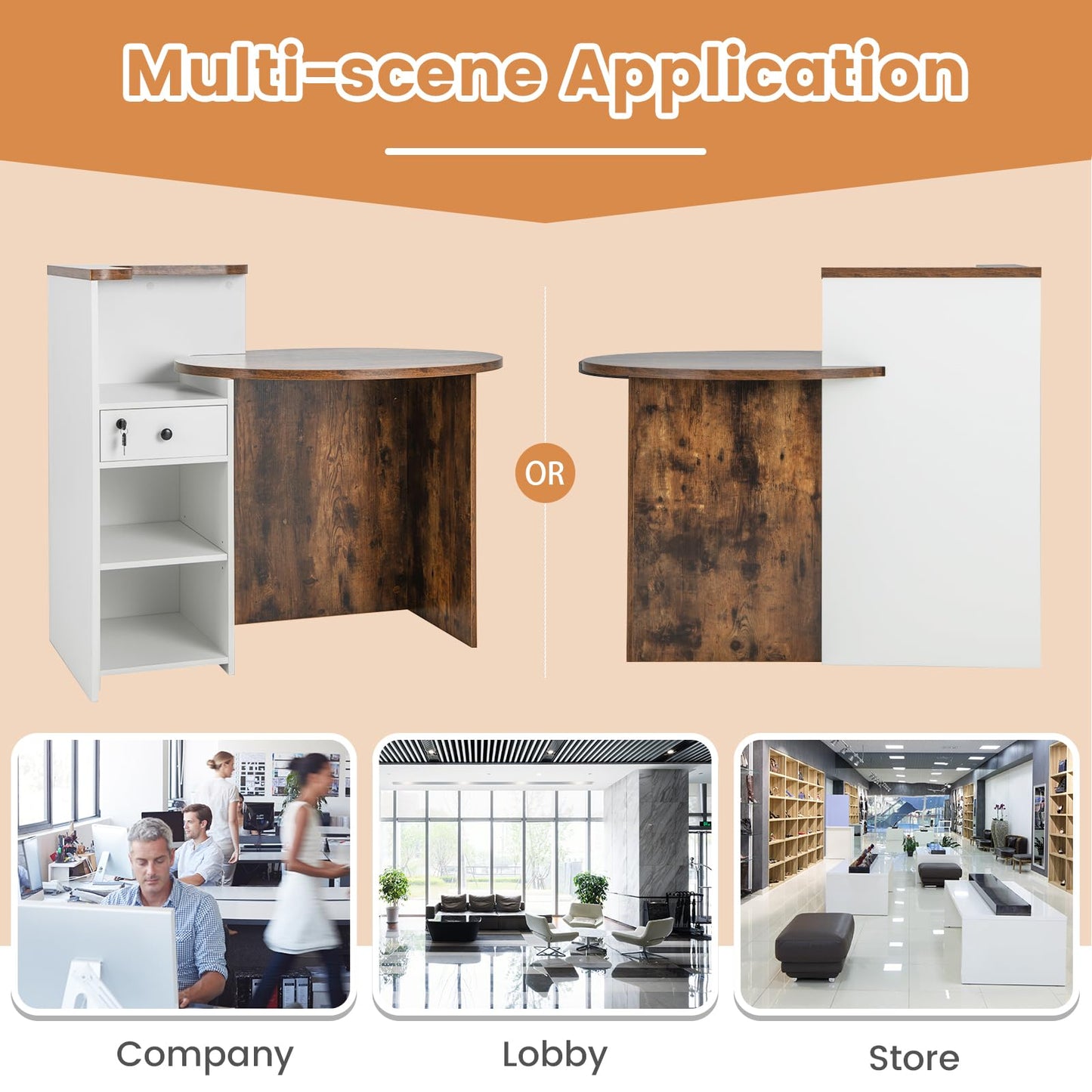 Tangkula Reception Desk, Front Counter Desk with Lockable Drawer & Adjustable Shelf, Oval Desktop, Retail Counter for Checkout, Computer Workstation for Salon Lobby Office, Home Office Desk