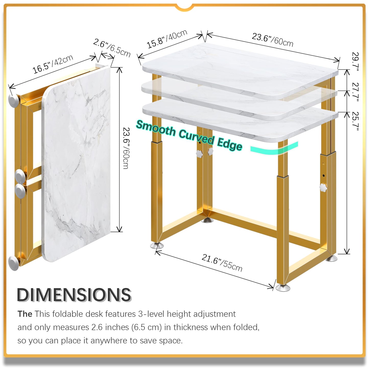 4NM No Tool Assembly 23.6" Small Desk, Folding Portable Desk with Wheels, Adjustable Height Foldable Computer Home Office Desks, Collapsible Study Writing Table for Space Saving Bedroom - White Gold