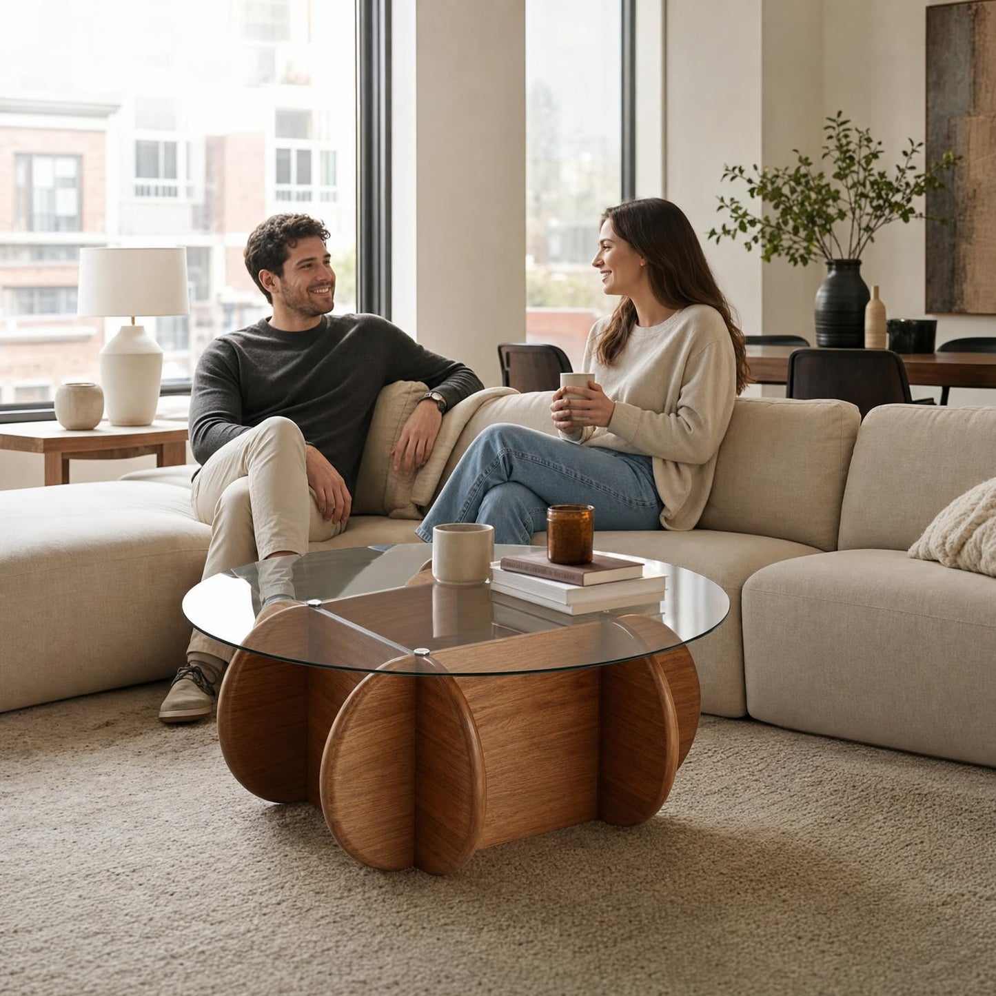 TATBTCT Transparent Round Glass Coffee Tables Noguchi Elegant Round Coffee Table with Solid Wood Legs and Tempered Glass Tabletop for Living Room Home Small Space Reception Office Tables 31.5"