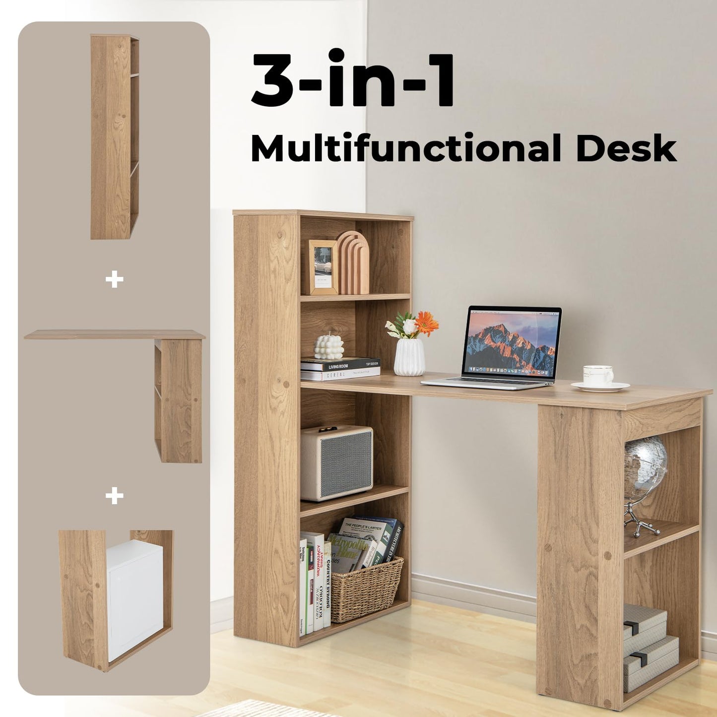 Giantex 48 Inch Computer Desk with Bookshelf, 3-in-1 Home Office Desk with 4-Tier Bookcase & CPU Stand, Space-Saving Reversible Writing Desk Work Table for Bedroom, Study Room, Office (Natural)