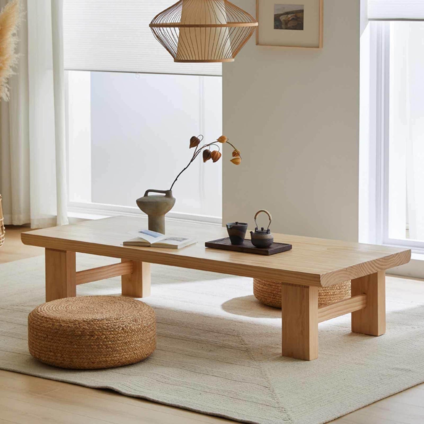 Japanese Style Solid Wood Coffee Table - Zen Tatami Low Table, New Chinese Design, 70.9" Long Balcony Floor Table, Elegant Wood Finish for Living Room & Office