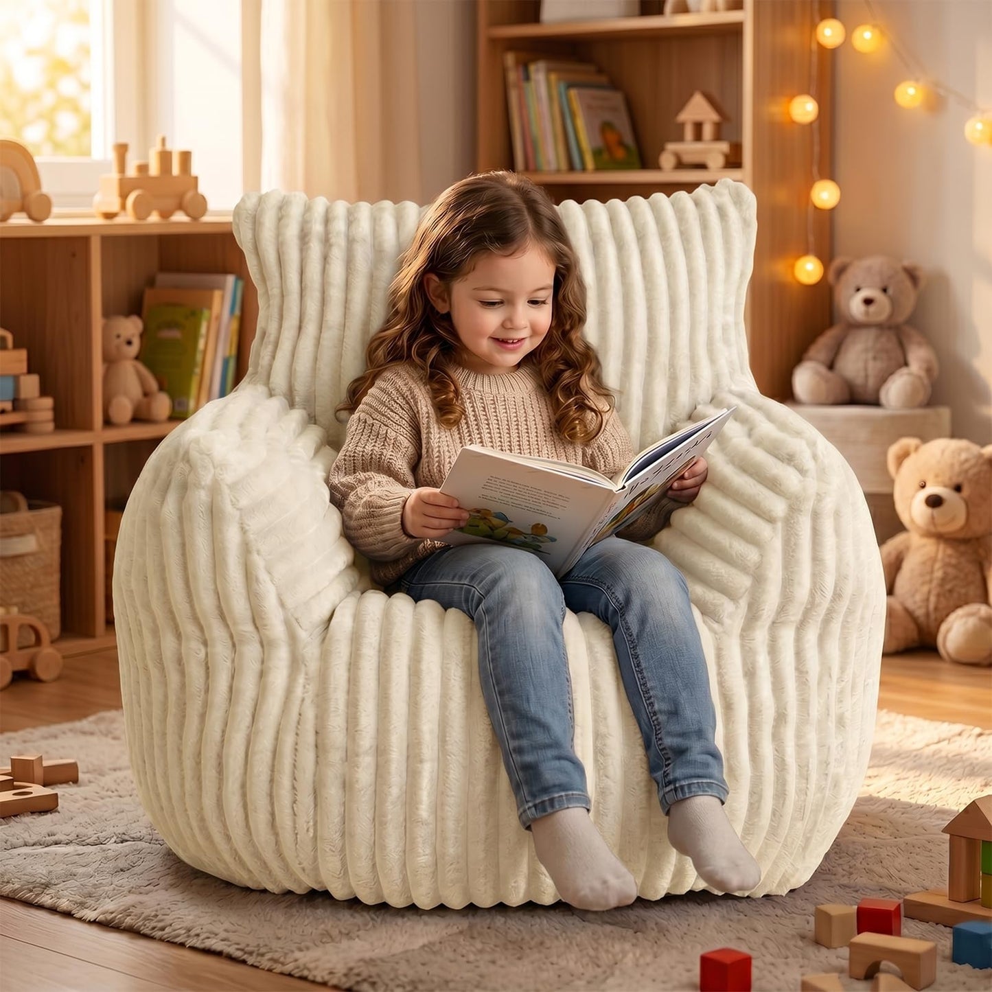 MaxiBean Bean Bag Chair - Plush Faux Fur Floor Seating Furniture Bean Bag Chair for Living Room, Bedroom, Playroom (2.5FT Stripe White)