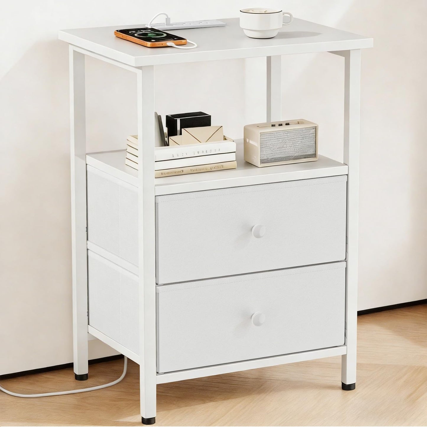 Smoproper Nightstand with Charging Station, Bedside End Table with 2 Fabric Drawers for Bedroom, Side Table with USB Ports and Outlets (White)