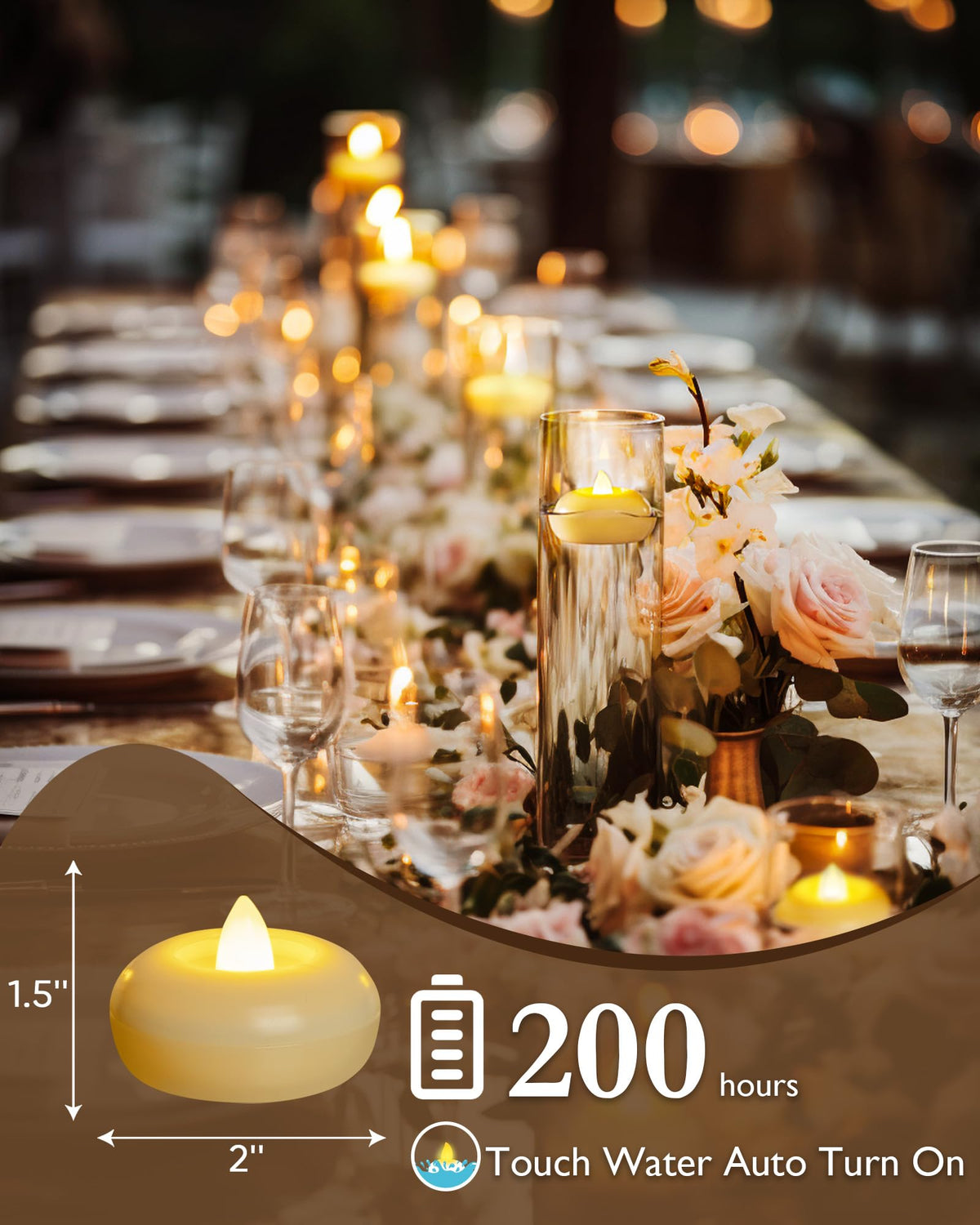 Homemory 6 Pack 2” Flameless Led Floating Candles, 200 Hour Battery Operated Flickering Waterproof Tealights for Cylinder Vases, Centerpieces at Wedding, Party, Pool, Holiday (Ivory Base)