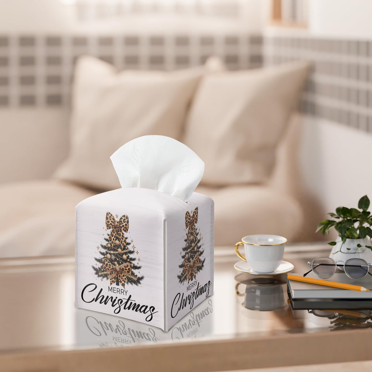 Christmas Tree Tissue Box Holder, Leopard Print Christmas Tree Leather Tissue Box Cover Square, Paper Facial Decorative Tissues Cover for Night Stands Bathroom Office Home Decor-B13