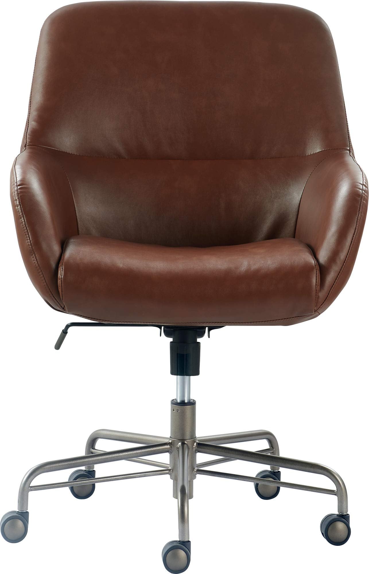 Tommy Hilfiger Forester Luxury Bonded Leather Home Office Chair, Modern Round Swivel Accent Seating with Arms, Adjustable Height and Recline, Cognac Brown