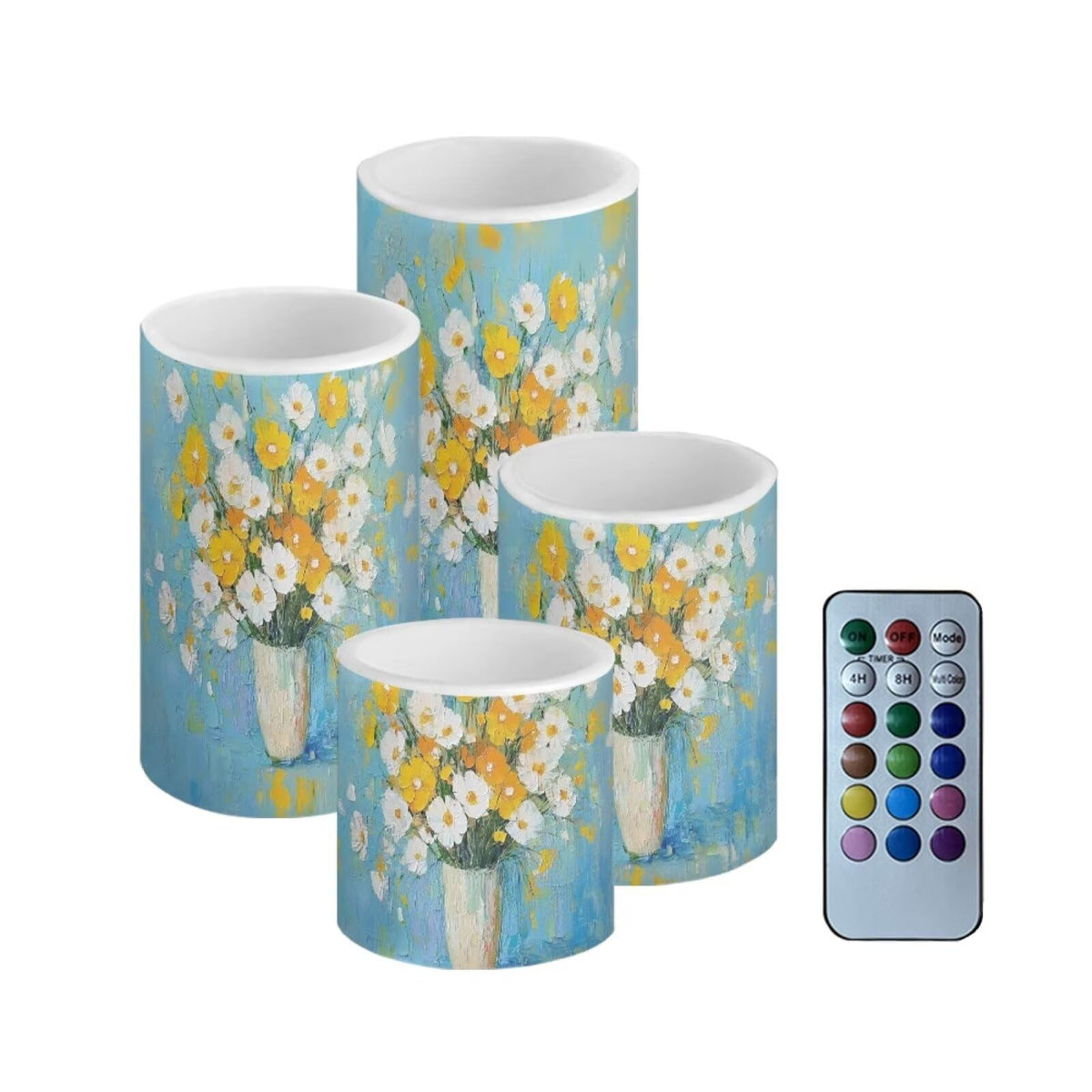 Cozeyat Oil Painting Flower Flameless Candles 4 Pack Battery Operated LED Pillar Candles with Remote Control Timer Color Changing for Indoor Outdoor Home Wedding
