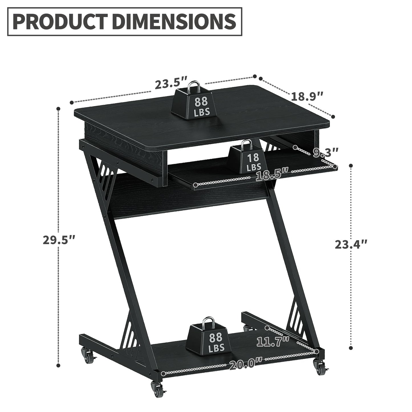 ALISENED Computer Desk for Small Spaces,23.6" Z-Shaped Compact Study Table with Smooth Keyboard Tray,with Wheels and Bottom Shelves for Home Office，Computer Cart Mobile Laptop Cart