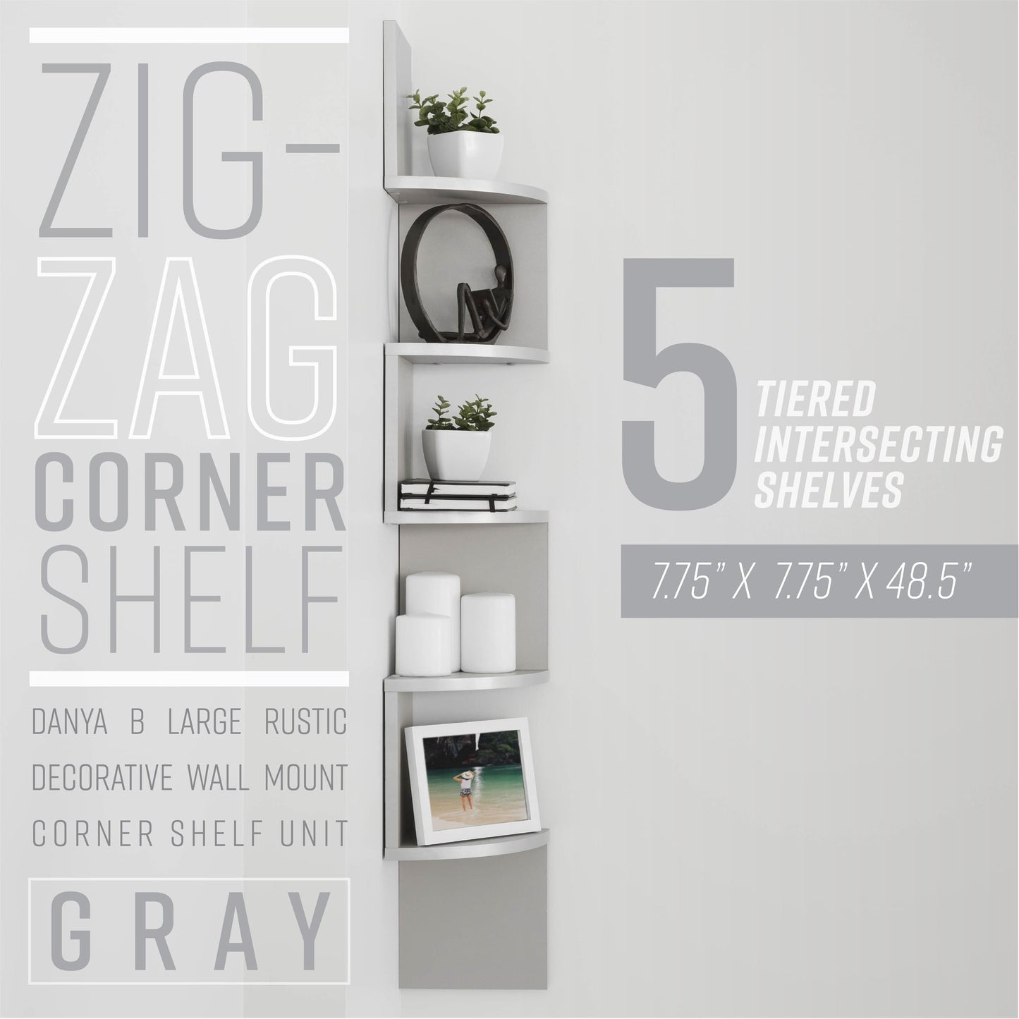 Danya B. XF11035GR Large Decorative 5-Tier Corner Floating Wall Mount Display Shelving Unit - Grey
