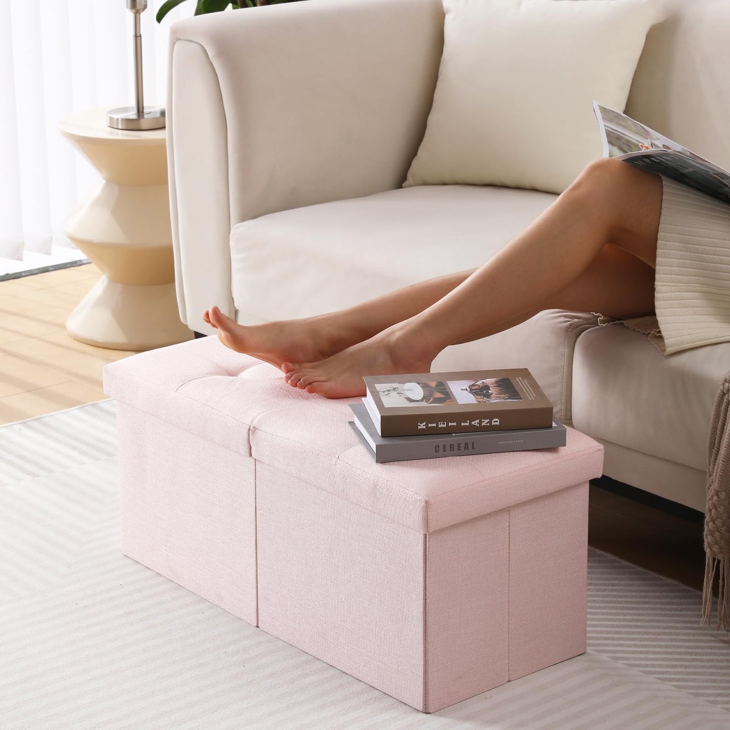 CUYOCA Storage Ottoman Bench Foldable Seat Footrest Shoe Bench End of Bed Storage with Flipping Lid, 75L Storage Space, 30 inches Linen Fabric Pink, OT026PK