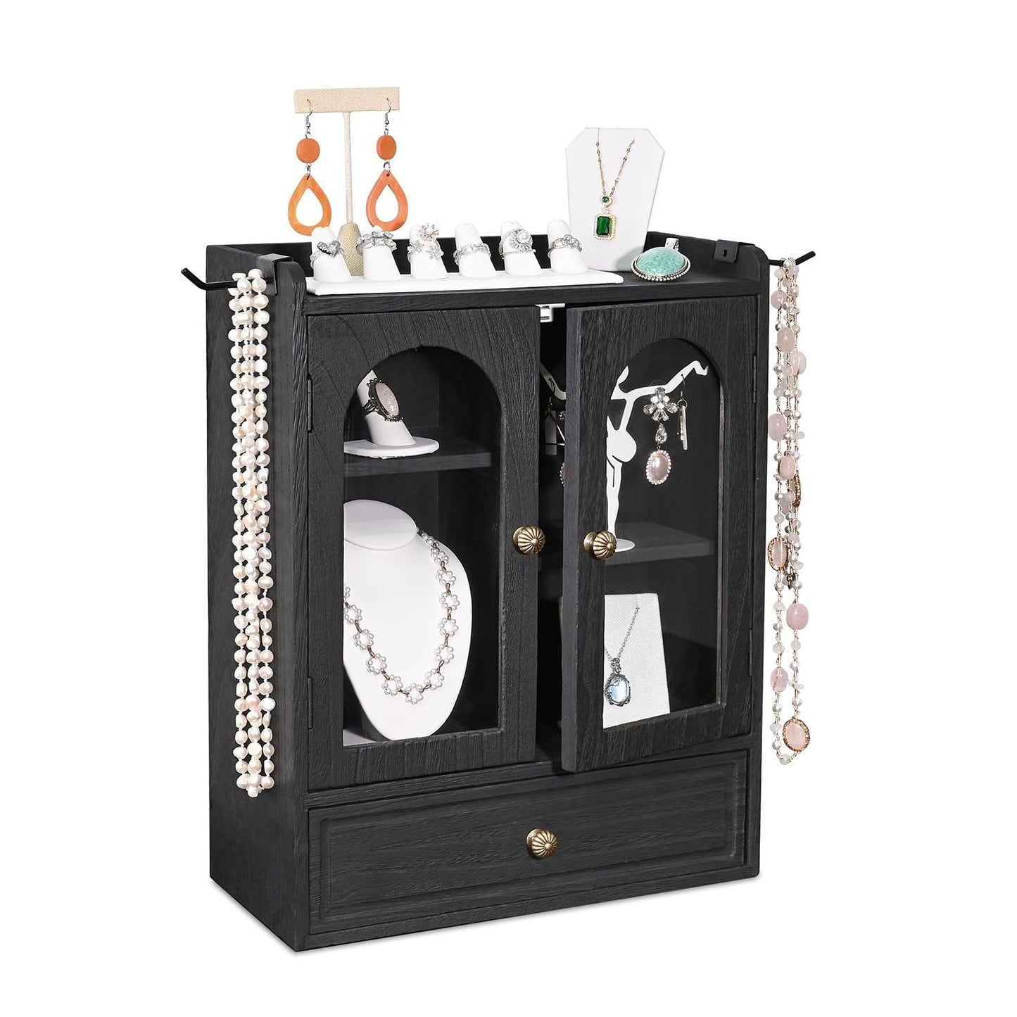 Ikee Design Wooden Countertop Storage Cabinet with Magnetic Door, Adjustable Shelves, Removable Hooks and Drawer for Perfume, Makeup, Pantry, Black Color, 12.2 W x 6 D x 15.7 H in
