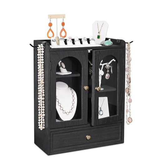 Ikee Design Wooden Countertop Storage Cabinet with Magnetic Door, Adjustable Shelves, Removable Hooks and Drawer for Perfume, Makeup, Pantry, Black Color, 12.2 W x 6 D x 15.7 H in