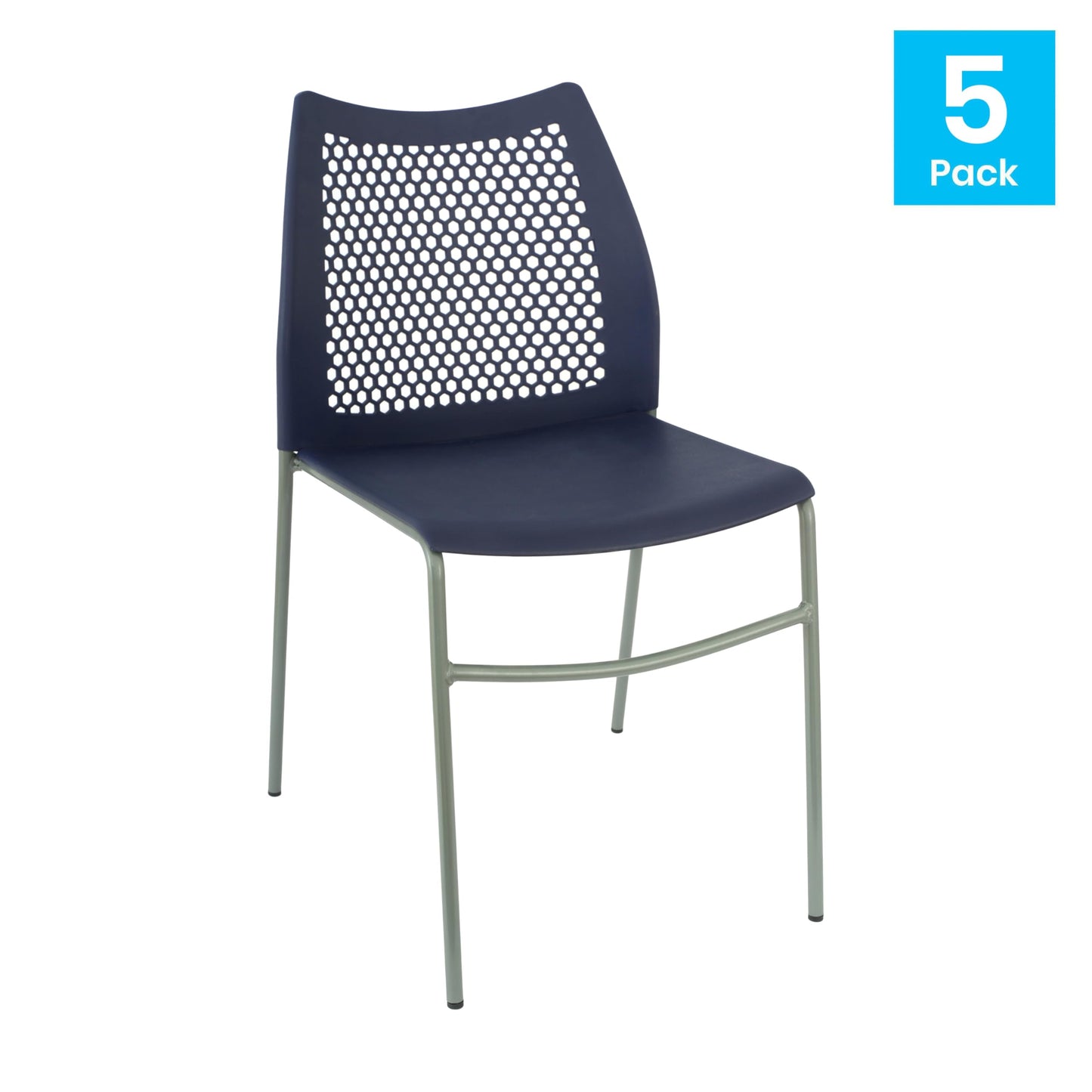Flash Furniture Hercules Stacking Chair with Vented Backrest and Gray Powder Coated Steel Legs with Integrated Support Bar, Commercial Portable Chair - Set of 5, Navy