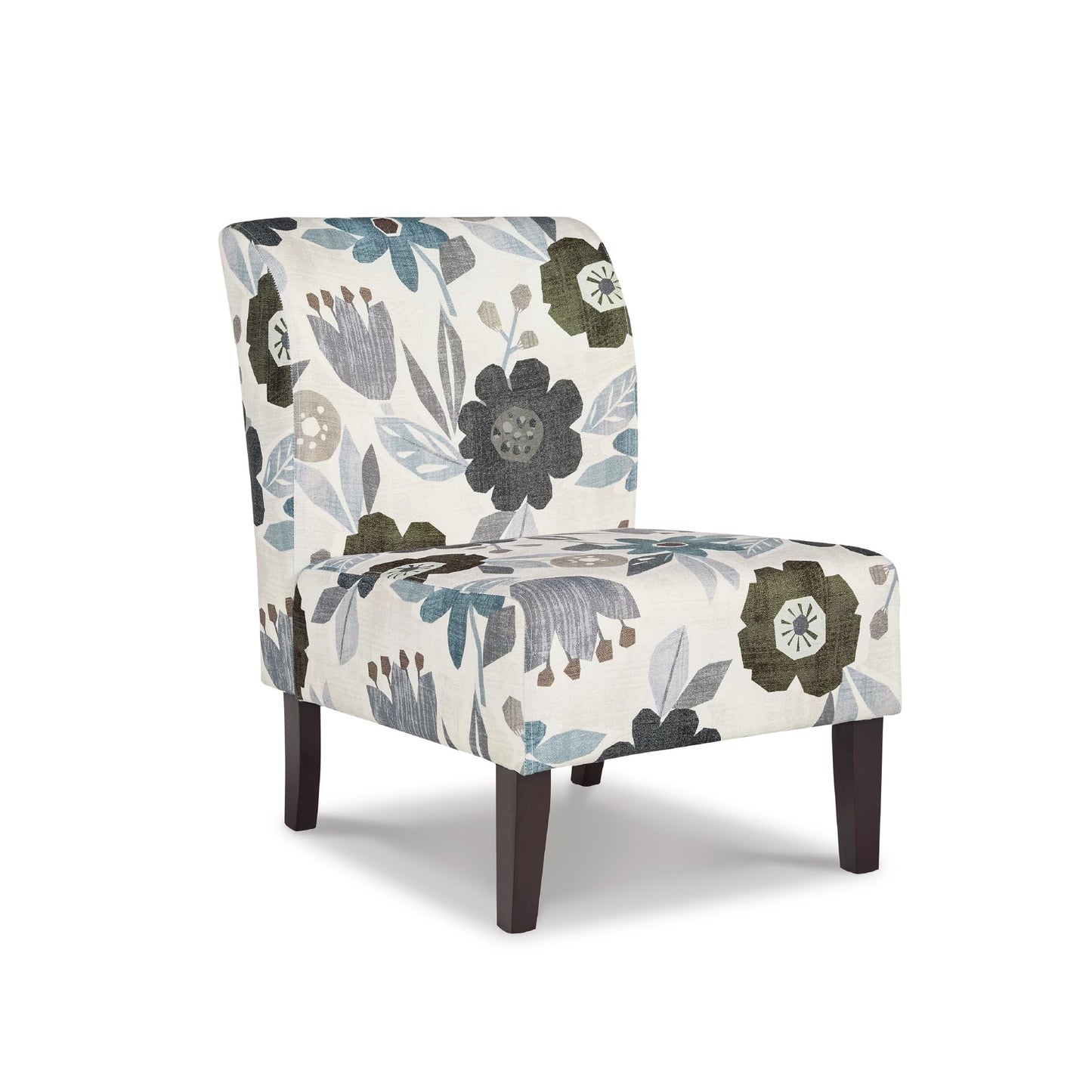 Signature Design by Ashley Triptis Floral Armless Accent Chair with Attached Cushions, Fabric Upholstery, Wood Legs, 16.63" Seat Height, White, Blue & Gray