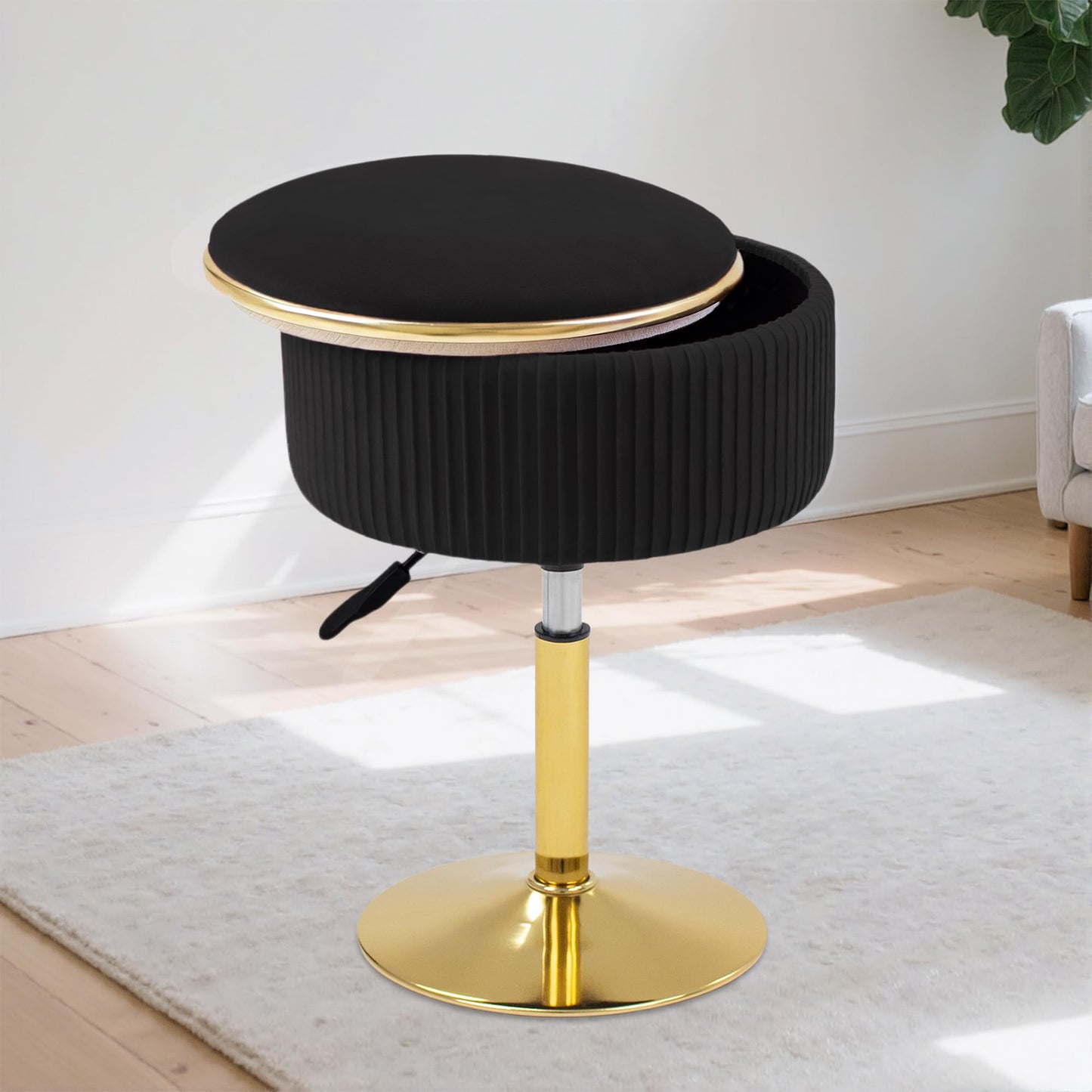 MRITWAII Adjustable Vanity Stool with Storage, 360° Swivel Makeup Stool Chair Small Velvet Round Ottoman with Gold Base for Bedroom (Black)
