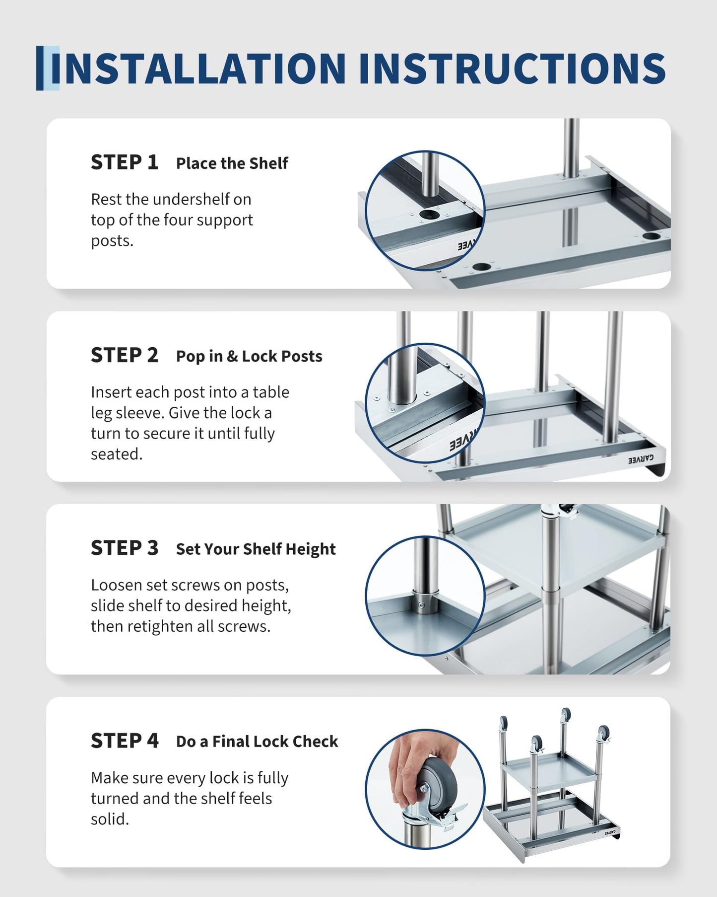 Stainless Steel Work Table 24x24 Inch with Wheels & 3-Sided Backsplash, Heavy Duty Commercial Prep Table, Adjustable Shelves, 4 Casters (2 Locking) for Kitchen, Restaurant, Home, Hotel
