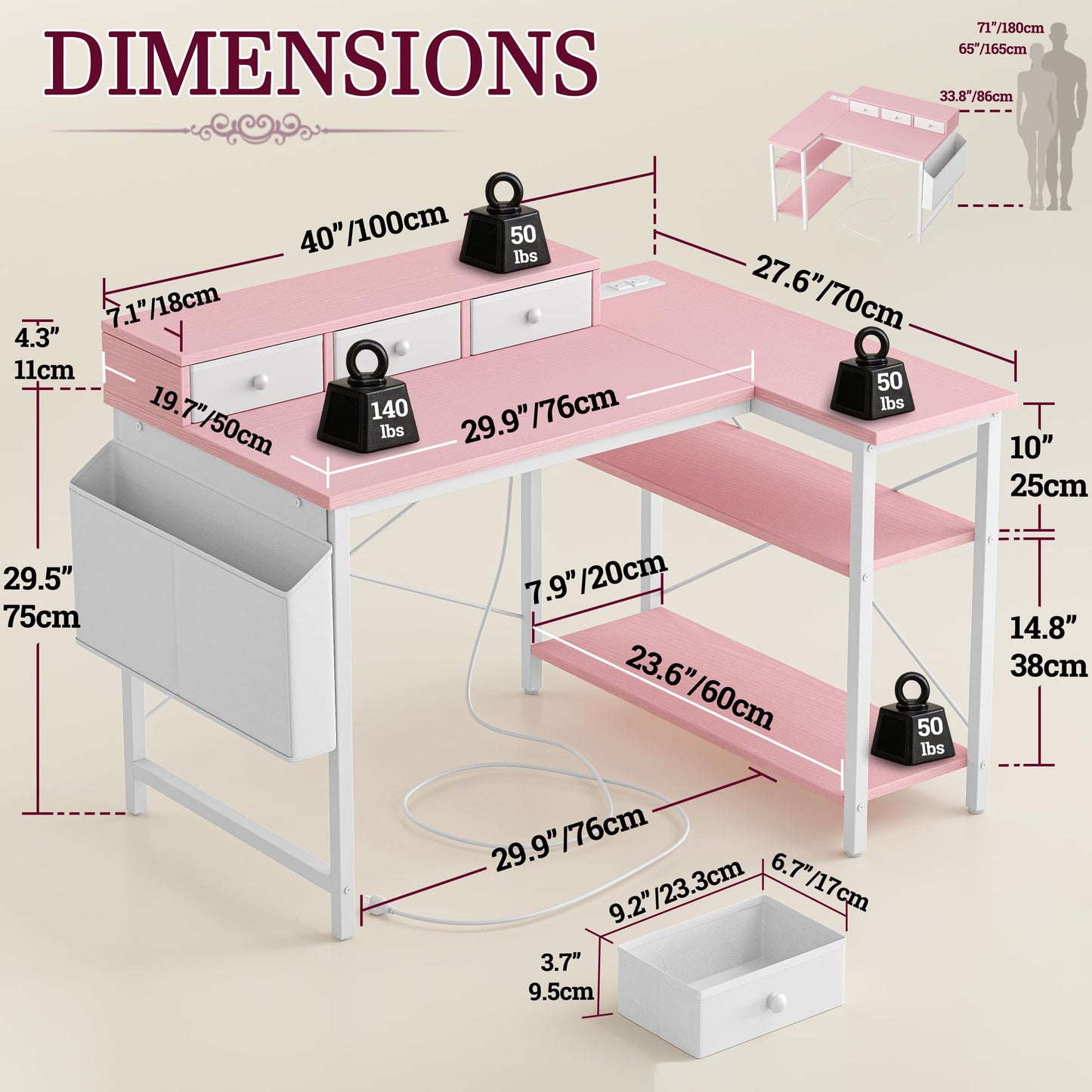 TIQLAB 40 Inch L Shaped Computer Desk with 3 Drawers & Power Outlets, Small Corner Desk with Reversible Shelves, Vanity Kids Writing PC Desk for Bedroom Home Office, Study Table for Girls, Pink